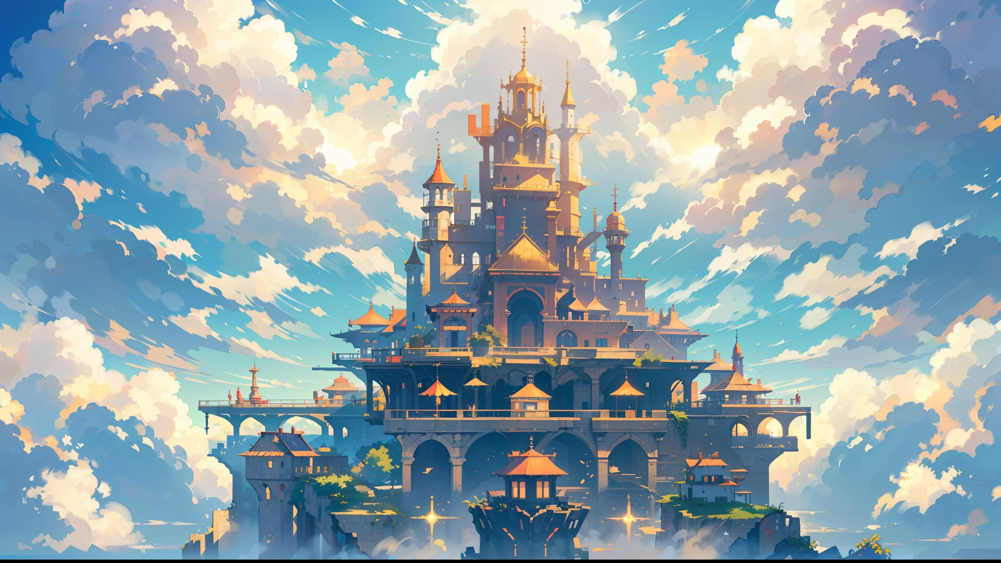 (extremely detailed CG unity 8k wallpaper, masterpiece, best quality, ultra-detailed),(best illumination, best shadow, an extremely delicate and beautiful), floating, high saturation, professional photoshoot, god rays, reflection, rule of third,
an existence in a (cloud world), a cluster of dense cloud floating in the sky with ruins floating on the cloud, underneath there is vast ocean, endless expanse of vibrant blue sky surrounding, fluffy, white clouds dot the horizon, sun bathes the landscape in a warm, golden glow, wide angle
