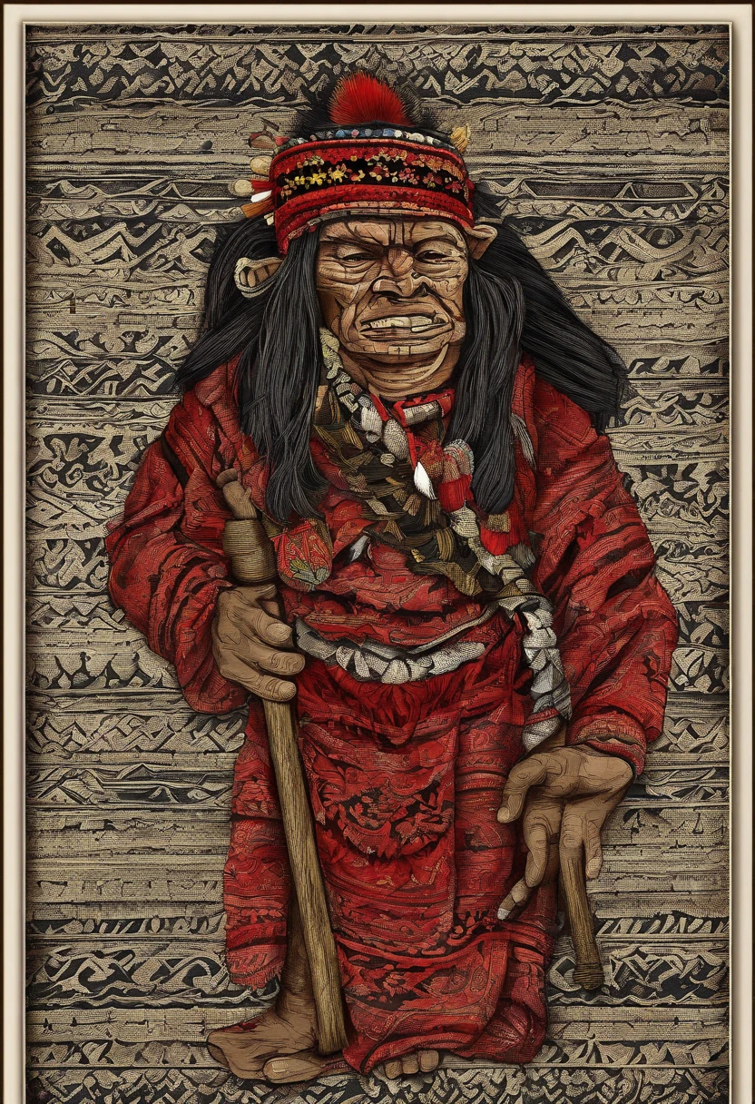 Ifugao god of gods, handsome man, black hair, god among all, heavenly, wearing red traditional attire, cordillera, igorot, ifugao, filipino, people surrounding gods, rice terraces, blue sky setting, harvest time, ancient, 7th century, old filipino clothes, northern philippines, cordillera attire