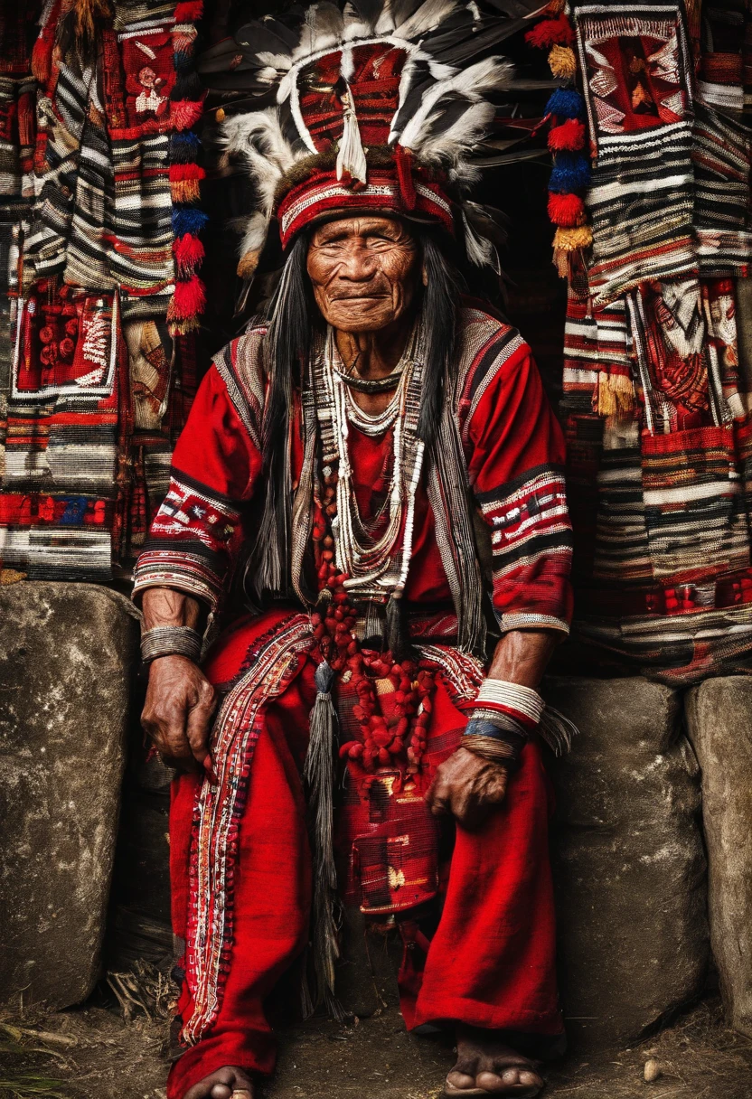 Ifugao god of gods, handsome man, black hair, god among all, heavenly, wearing red traditional attire, cordillera, igorot, ifugao, filipino, people surrounding gods, rice terraces, blue sky setting, harvest time, ancient, 7th century, old filipino clothes, northern philippines, cordillera attire