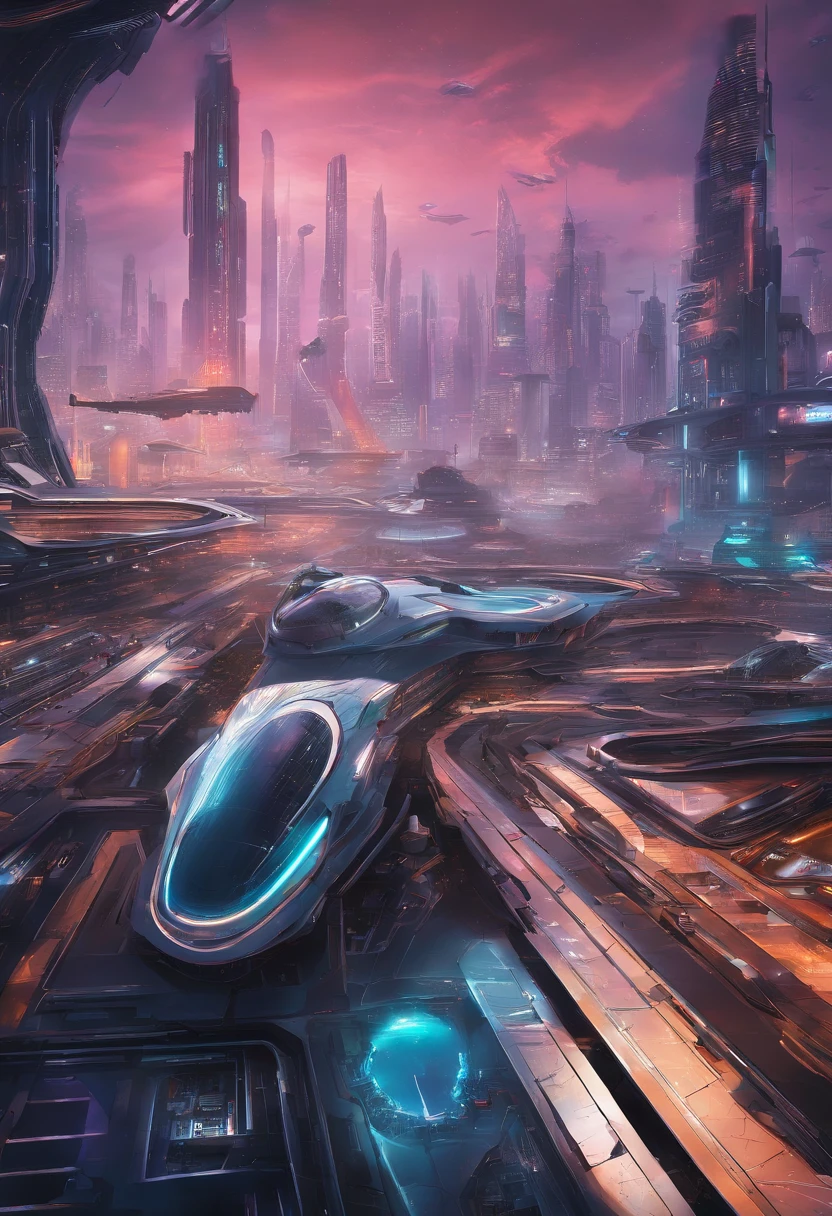 futuristic city with futuristic train and futuristic buildings at night, future concept art, otherwordly futuristic city, in fantasy sci - fi city, beautiful city of the future, futuristic utopian city, concept art 8 k resolution, concept art 8k resolution, city of the future, futuristic space port, concept art 8 k, sci-fi hollywood concept art