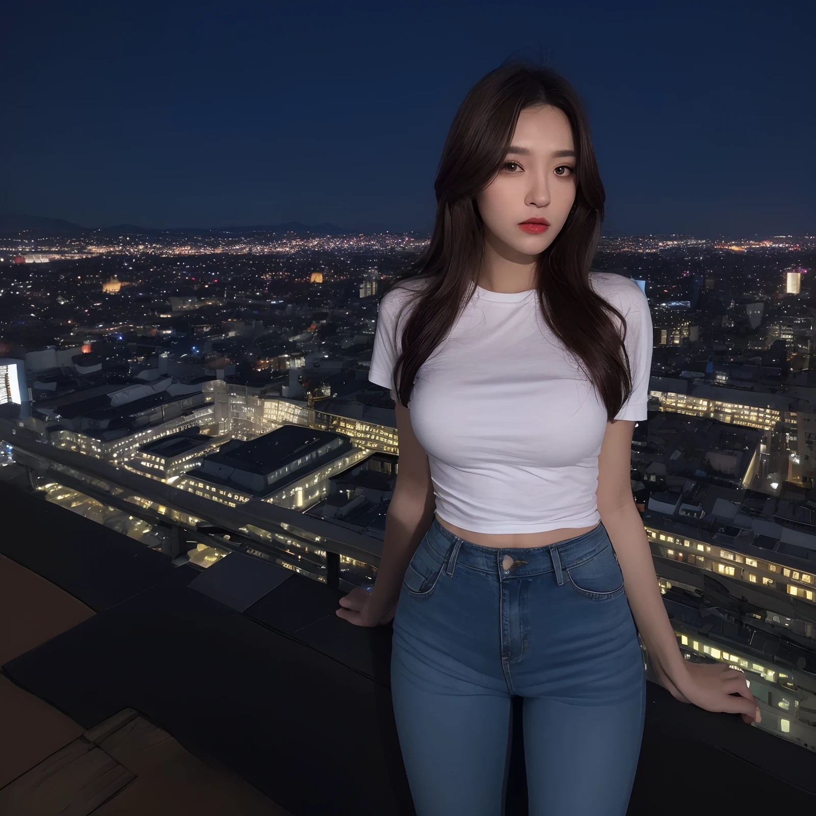 ((mid night、top-quality、8k、​masterpiece:1.3)), full bodyesbian, long legged, foco nítido:1.2, Beautiful woman with perfect body shape:1.4, Slender Abs:1.1, ((dark brown  hair、huge tit:1.2)), (White tight t-shirt、Tight skinny jeans 、is standing:1.2), ((Night City View、On the rooftop:1.3)), Highly detailed facial and skin texture, A detailed eye, 二重まぶた