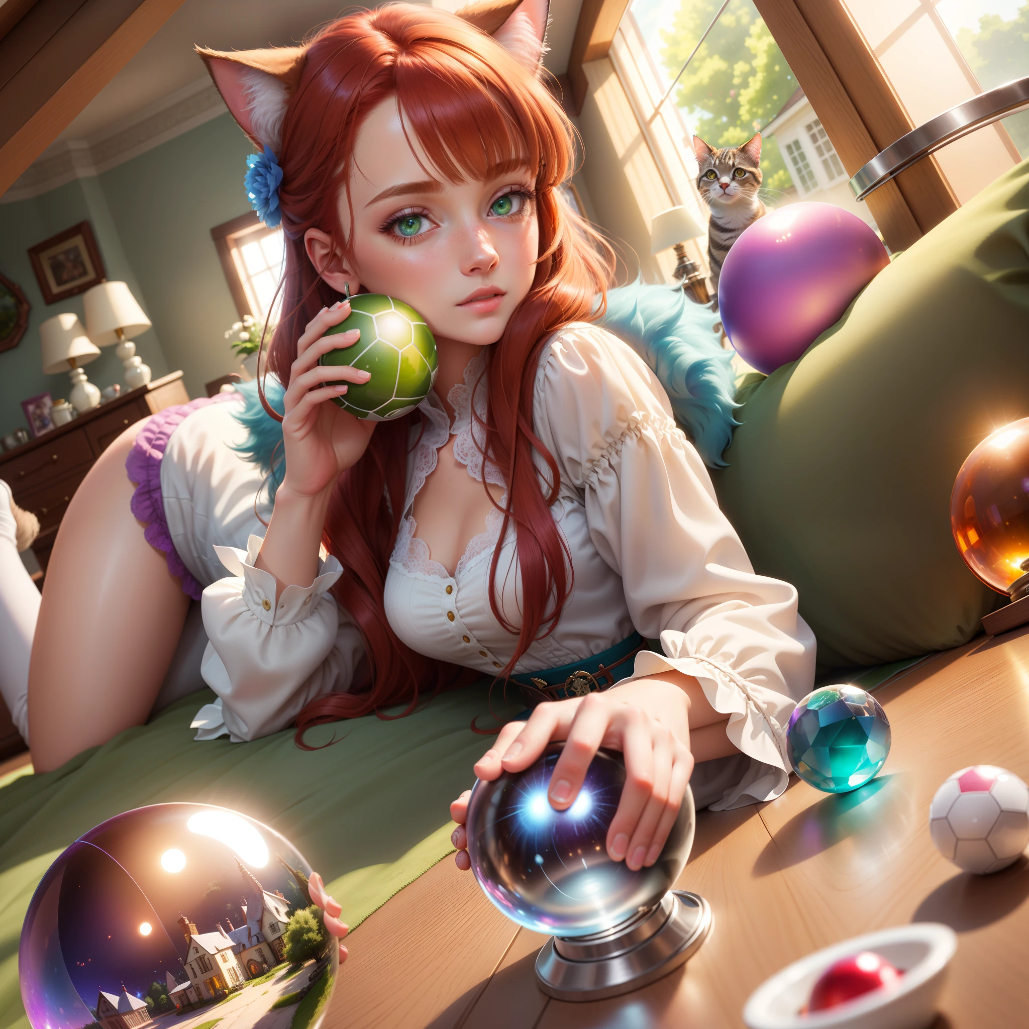 (hyper-realistic), (illustration), (high resolution), (8K), (extremely detailed), (best realism), (beautiful detailed eyes), (best quality), (ultra-detailed), (ultra realistic), (wallpaper), (detailed face), solo, 1 girl, red hair, inside a crystal ball, an old house in the background, a beautiful furry cat playing with the ball, colors green, blue, pink, purple, white and light gray