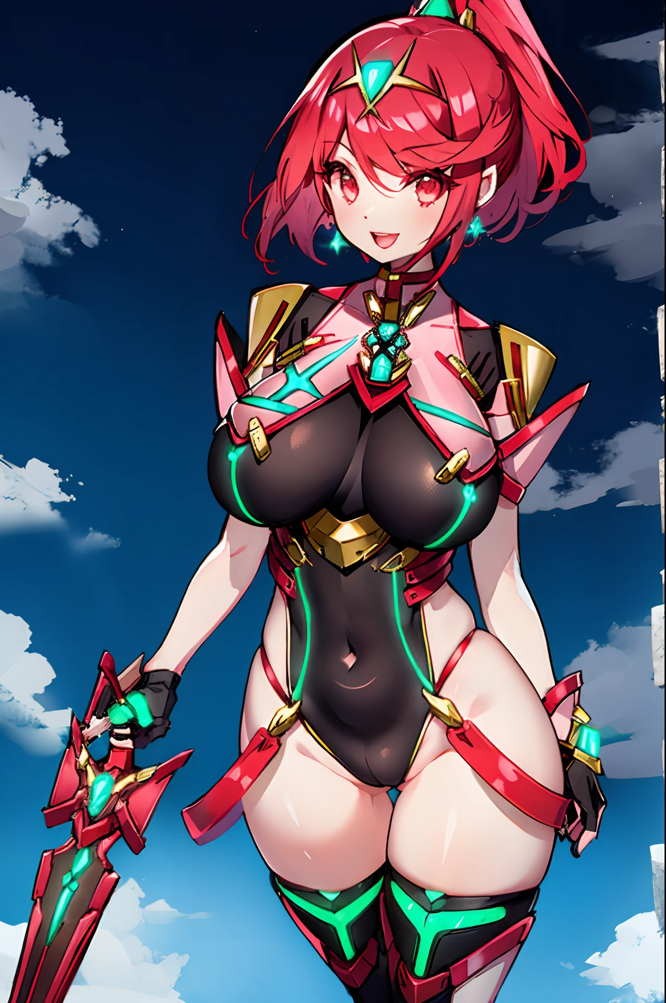 pyra \(xenoblade\), _1girl, lolings, black gloves, breasts, red eyes, light_open_mouth, earrings, eyelashes, fingerless gloves, floating hair, , gem, gloves, hair ornament, headpiece, jewelry, big_breasts, leaning back, swimsuit, neon trim, official art, pose, red hair, saitou masatsugu, short hair, sidelocks, skin tight, solo, swept bangs, thighhighs, tiara, fantasy_town_background, underbust, xenoblade chronicles \(series\), (xenoblade chronicles 2), (spread_legs:1.1), fire_effect,dynamic_pose,fighting,light_smile, (plump:1.1), big_ass,huge_sword, hold_large_sword_hilt, covered_nipples, covered_pussy,back_view, fists,ponytail,beautiful_fingers,(solo:1.1), bare_shoulder,