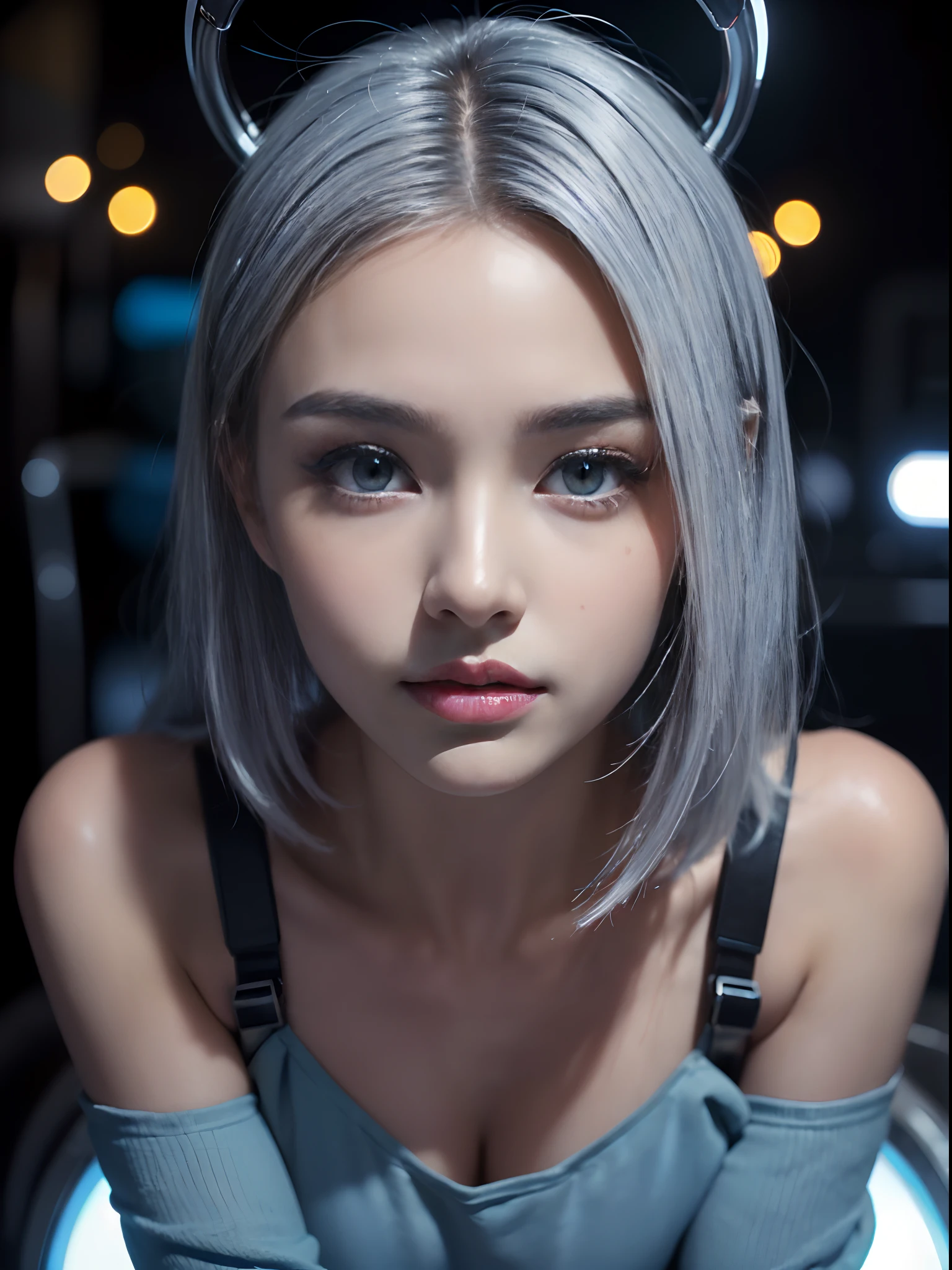 the best ever、8K,(((full body Esbian)))、(((The sheen)))、(((metalic)))、(((Very shiny、Very hard polished iron armor)))、(((cyberpunked)))、The cute beauty of the mecha(Best Quality, Detailed details, masutepiece, , 8K, Chiaroscuro,Great in good shape、Bust photos are ultra-realistic and realistic, Highly detailed Hasselblad RAW shooting )、(((Beautiful and shining natural eyes)))、(((Human skin type)))、(((Highly photorealistic human beings)))、(perfectly round eyes)、(((The details of the iris of the pupil are very amazing)))、(((Shining eyes)))、accurate fingers、Limbs without breakdowns、(((The face of a Caucasian 10-year-old girl)))、(((Very fair skin)))、Naturally closed mouth、Staring eyes、Natural body、(((a baby face)))、(((Caucasian cool high nose at the base)))、(((Skin types of humane Russian girls)))、(((Very cute female face)))、Feminine body、a small face、(((soft cheeks)))、Looking at the camera、Balanced face、(((drooing eyes)))、(((Beautiful drooping eyes)))、Body with human-like proportions、(((Slightly longer arms)))、(((Slightly longer arms)))、(((long neck)))、Normal shoulder width、((Long below the knee))、(rather long torso)、(((large hands)))、human face、(((Glowing blue-violet light blue silver hair)))、(((Cool and cute short-cut hair)))、(((The background is the future)))、(((8 Head Body)))、(((Luminescent light purple eyes)))、(((Thin thin silver eyebrows)))、(((Thin eyebrows)))、(((Looking at this)))、(((Gentle face)))、(Background Mecha)、bladerunner、(RoboCop)、Ghost in the Shell、tron、(((Space Detective Gavan)))、Swat、police officers、(((Night background)))、(((No makeup)))、(((Hollywood Science Fiction Movie Lighting))、(((5000 AD)))、Height 164cm、Leg length 82cm、the length of the head is 20 cm、Lungxin,Very subtlyXan legs、(((Cool pose)))、evangerion、Ayanami、(((murky)))、(((Combat readiness)))、Attack Pose、cyborgs、Artificial human、(((Extremely elaborate joints)))、(((Light blue silver eyelashes)))、(((very thin eyebrows)))、(((very brightly colored eyebrows)))、Precise and precise five-fingered hand