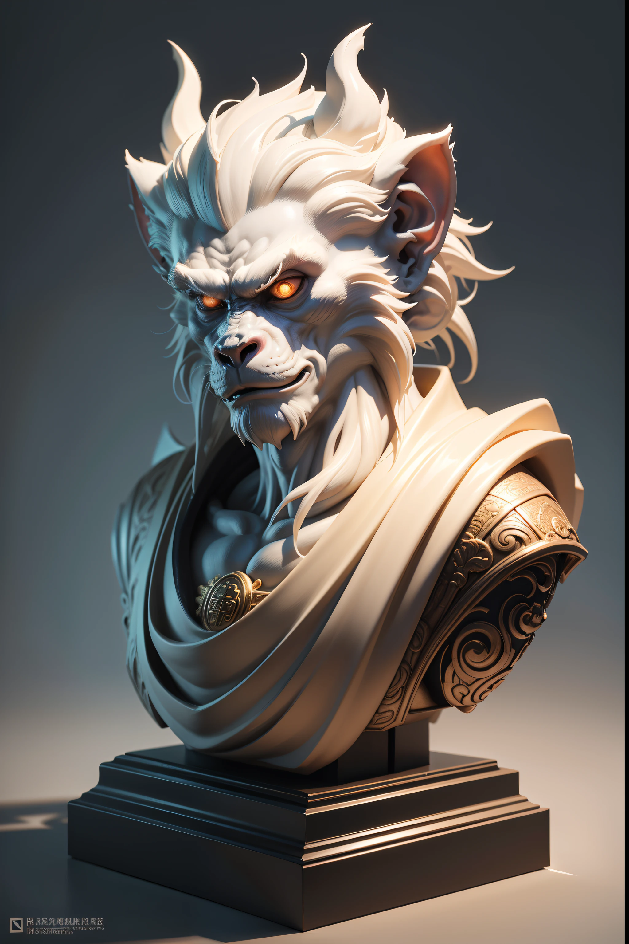 White Spirit Monkey,A monkey among Chinese sacred beasts,Monkey head sculpture,Spirit beasts,Chinese mythical beast,Spirit beasts,Immortal beasts,Exaggerated expressions,The bulging facial muscles are very fierce and terrifying,Only the head is domineering, Stylized marble 3d rendering, , HD is intricate, Overly detailed sculpture, Trends in complex 3D sculptures on Zbrush,
