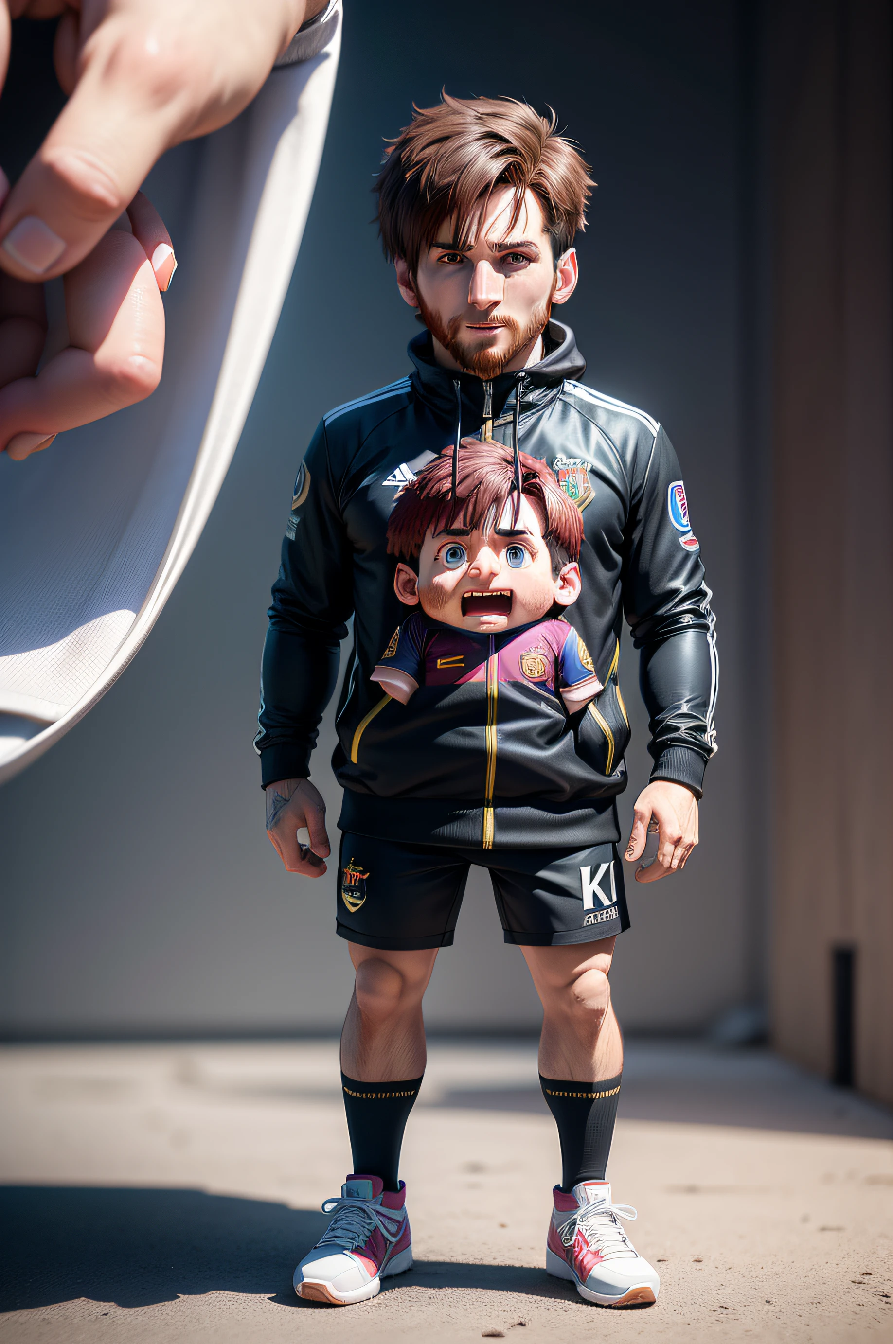 Messi extreme caricature chibi full body realistic highly detailed artwork CGI 8k resolution
