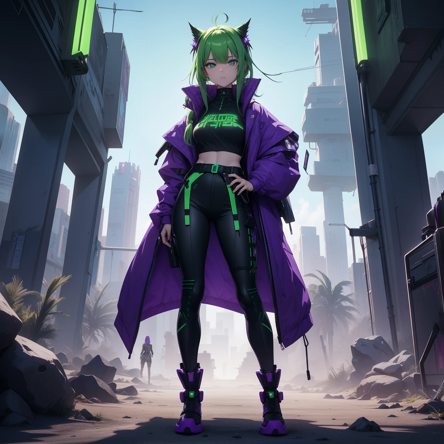 Full body depiction、（Standing in the desert）、Cyberpunk Girls、Green and purple attire、（Wearing pants）、（With belladonna properties）、The gift of death、Standing alone、The ultra -The high-definition、Guardian of plants、（（holding an ampoule with poison,,））、（Hair mixed with green and purple）