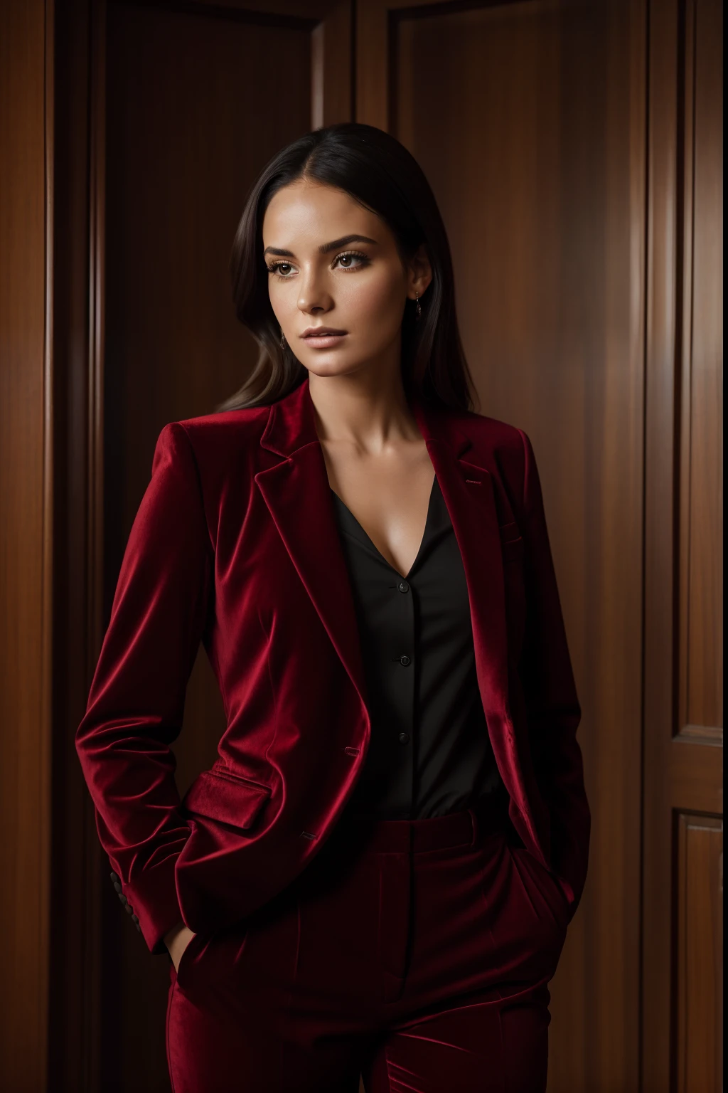 Portrait photo of a beautiful woman, 30 years old, wearing a red velvet blazer and pant suit with shirt underneath, Cinematic photo