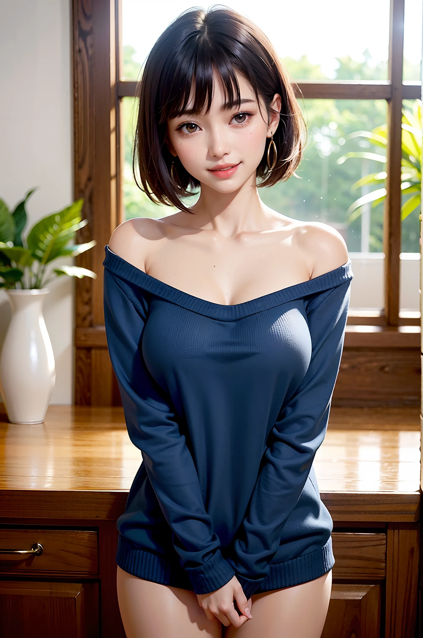 ((top-quality、Top image quality、The ultra -The high-definition、Draw in ultra-high definition、独奏、Look firmly at the camera))、1人、realisitic、depth of fields、natural soft light、during daytime、魅惑的、beauitful face、Cleanliness、Pure face、de pele branca、kawaii、short-hair、the beach、rays of sunshine、nedium breasts、full body Esbian、((Dark blue sweater、Golden Ratio Beauty Face))、long neck、Put your ears out、Clean short bob hair with bangs、Close your mouth and smile very much、Perfect fingers、perfect hand、Perfect body、face perfect、Shine a light into the eyes、Perfect Anatomy、tall supermodel、Long-legged supermodel、Supermodel with a long neck、broad shoulders、Arms should be lowered to the sides、to stand、Cowboy Shot、Bright windowsill background、Smile at your audience、A smile、Laugh、So big today、Beautiful teeth、Beautiful teeth alignment、Chest wide open、beautiful decollete、Very beautiful sexy woman、Keep an eye on your audience
