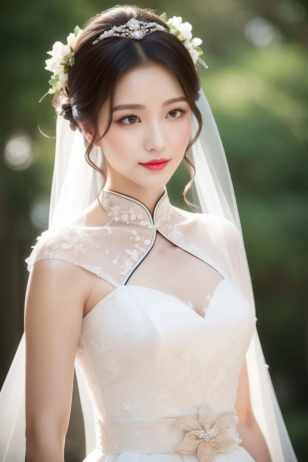 ((best qualtiy)), ((tmasterpiece)), (the detail:1.4), Makeup:- (exquisitely ornate:Delicate base makeup,Soft eye shadow,Deep eyeliner,thick eyeslashes,Full-bodied lip color,Show the beauty and nobility of the bride)。
- Opalescence eyes:Fair and smooth skin,Bright and moving eyes,Exudes confidence and joy。
- Red lip makeup:Use a dark red lipstick with an oriental twist,Highlight the bride's delicate red lips,Full of feminine mystery and charm。
Hairstyles:
- Bun and garland:The fluffy bun is coiled and secured,The head is decorated with a delicate garland,Highlight the cute and fresh temperament of the bride。
- Cloud-sideded dragonfly:Long hair shawl,The sideburns on both sides are cleverly fixed,It's like a flying dragonfly,Show the softness and gentleness of the bride。
clothes:
-cheongsam:Cheongsam made of silk or satin,The upper body is fitted and slim,The hem skirt is loose,to highlight the curves and grace of the bride。
- Toast suit:Decorated with delicate embroidery and bead pieces,Available with long or sleeveless styles,Show the elegant and solemn temperament of the bride。
Accessories:
-jewelry:Beautiful necklace、Earrings and bracelets,Jewelry or jade are often used,Add the nobility and brilliance of the bride。
- Hair accessories:Skillfully paired with hair accessories,Such as Zhao、Hairpins、hairpins, etc,to highlight the hairstyle and styling of the bride。
-Handbags:Choose from embroidered handbags or bead bags,Bring the necessary items,Both practical and chic。