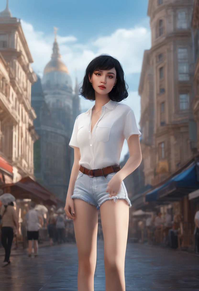 1 girl, short black hair, black eyes, wearing white shirt, denim shorts, city, absurdres, high res, ultra sharp, 8K, masterpiece, looking at a viewer