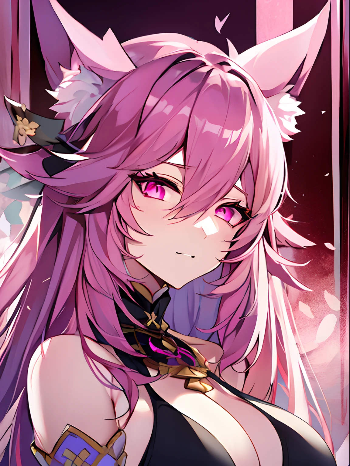 Top Quality, Beauty and Aesthetics, Very Detailed, Detailed Face and Eyes,anime, 1 Girl, Fox Ears, (Big breast:1.6,),fox girl,longhair,hair color pink,pink eyes,fluffy tail, black dress