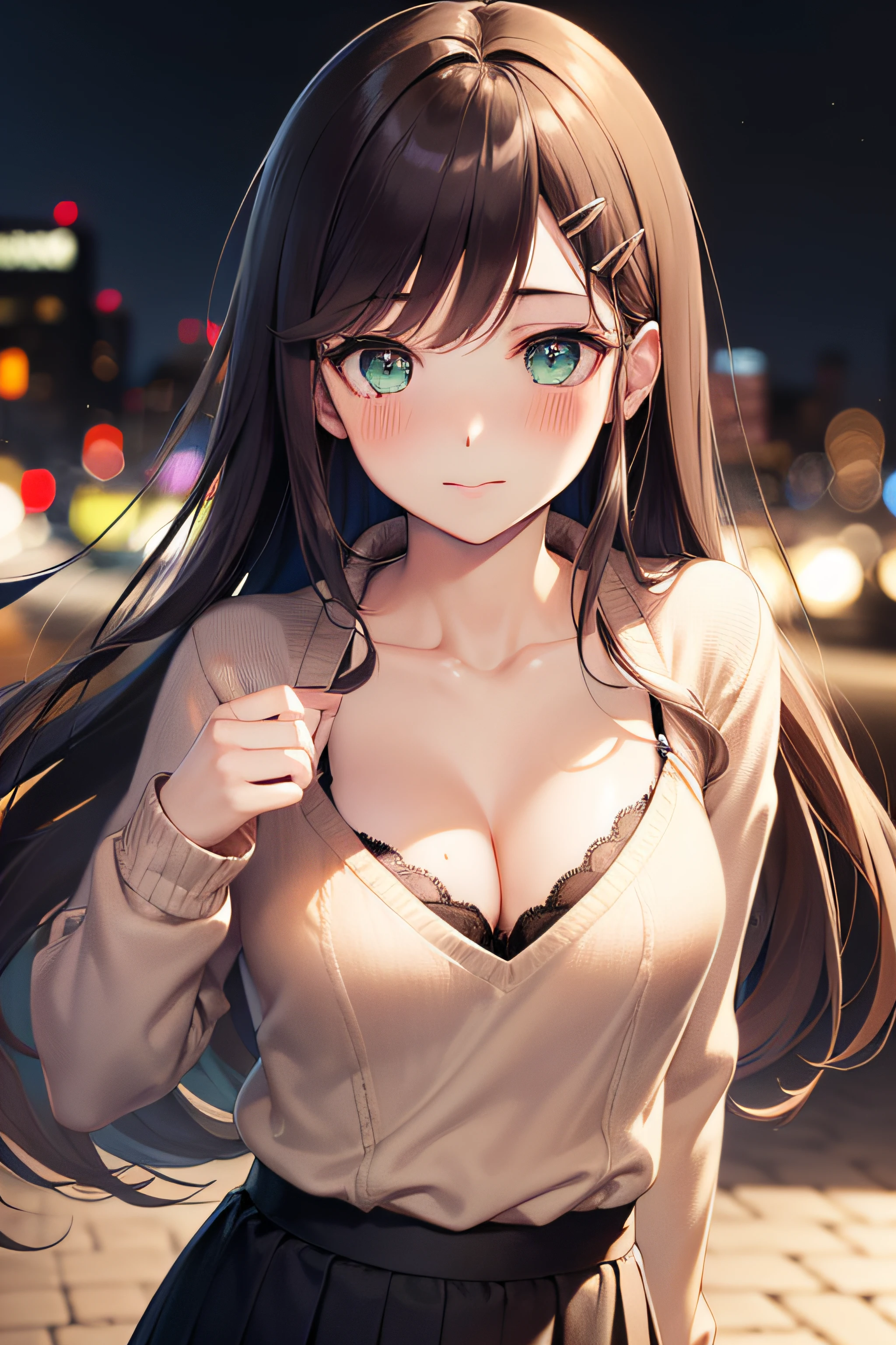 ((masterpiece, best quality, highres, UHD, perfect pixel, depth of field, 4k, RTX, HDR))), 1girl, single, solo, beautiful anime girl, beautiful artstyle, anime character, 24 years old, ((long hair, bangs, dark brown hair, curly hair:1.4, hair pin)), ((detailed face, blushing:1.2)), ((detailed eyes, anime eyes style, beautiful eyes, green eyes:1.8, sparkling effect)), ((smooth texture:0.75, realistic texture:0.5, anime CG style)), ((medium breasts, cleavage)), dynamic angle, busty, perfect body, ((close up, POV, cute, shot on face, holding hand to viewer)), ((casual clothes, white sweater, skirt, the bra is visible from inside the sweater)), outdoor background, absurd background, bokeh:1.4, night, standing in the crowd, night lights, city building