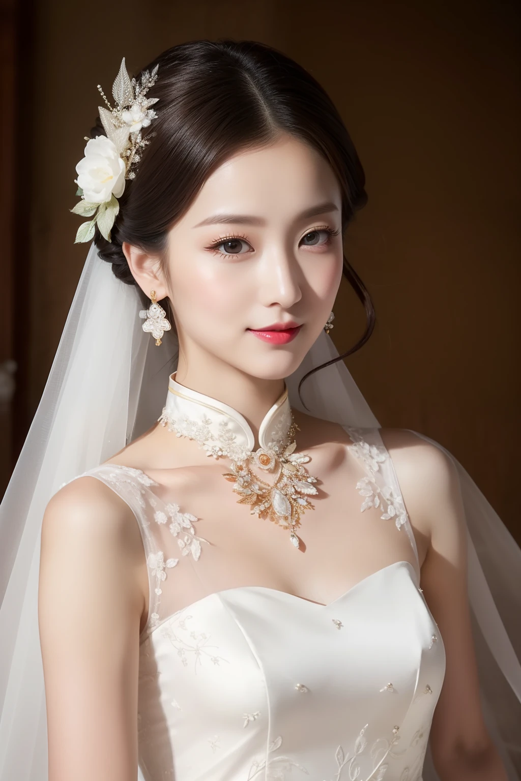 ((best qualtiy)), ((tmasterpiece)), (the detail:1.4), ((The whole body details are very detailed))Makeup:- (exquisitely ornate:Delicate base makeup,Soft eye shadow,Deep eyeliner,thick eyeslashes,Full-bodied lip color,Show the beauty and nobility of the bride)。
- Opalescence eyes:Fair and smooth skin,Bright and moving eyes,Exudes confidence and joy。
- Red lip makeup:Use a dark red lipstick with an oriental twist,Highlight the bride's delicate red lips,Full of feminine mystery and charm。
Hairstyles:
- Bun and garland:The fluffy bun is coiled and secured,The head is decorated with a delicate garland,Highlight the cute and fresh temperament of the bride。
- Cloud-sideded dragonfly:Long hair shawl,The sideburns on both sides are cleverly fixed,It's like a flying dragonfly,Show the softness and gentleness of the bride。
clothes:
-cheongsam:Cheongsam made of silk or satin,The upper body is fitted and slim,The hem skirt is loose,to highlight the curves and grace of the bride。
- Toast suit:Decorated with delicate embroidery and bead pieces,Available with long or sleeveless styles,Show the elegant and solemn temperament of the bride。
Accessories:
-jewelry:Beautiful necklace、Earrings and bracelets,Jewelry or jade are often used,Add the nobility and brilliance of the bride。
- Hair accessories:Skillfully paired with hair accessories,Such as Zhao、Hairpins、hairpins, etc,to highlight the hairstyle and styling of the bride。
-Handbags:Choose from embroidered handbags or bead bags,Bring the necessary items,Both practical and chic。