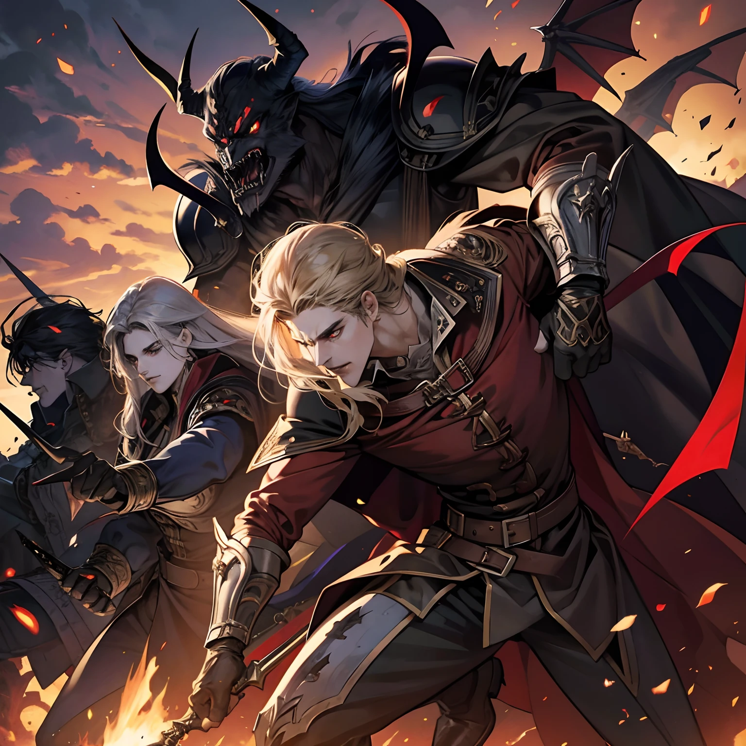 Castlevania Shadow Lord handsome muscular Lord Dracula leading troops armed with demons to war hyper realistic super detailed Dynamic pose super detailed faces hyper realistic super detailed