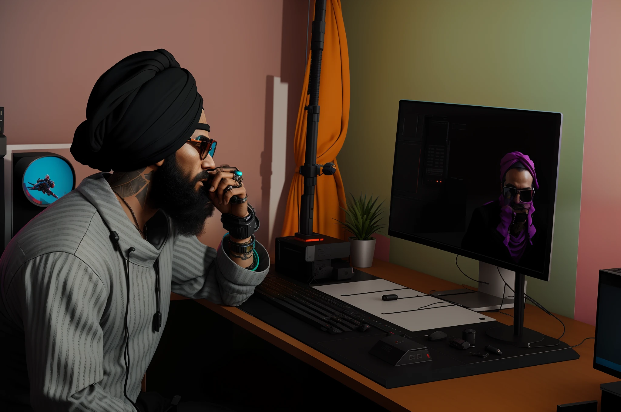 change background, cyberpunk style, turban guy sitting in froun of computer and doing editing on editing table , creat a stodeo , ultra realistic , 8k