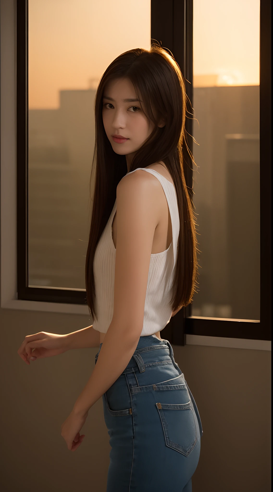 （（midynight， best qualityer， 8k， tmasterpiece ：1.3））， full bodyesbian， long leges， Sharp focus ：1.2， A beautiful woman with a perfect figure ：1.4， Slender abs ：1.1， （（dark brown  hair， ：1.2））， （White skinny T-shirt， Denim bib， standing on your feet：1.2）， （nighttime scene， the roof：1.3））， Highly Detailed Face and Skin Textur， Detailed eyes， 二重まぶた， the sunset， darken， The light from the back window is backlighted， Full body photo with bare shoulders