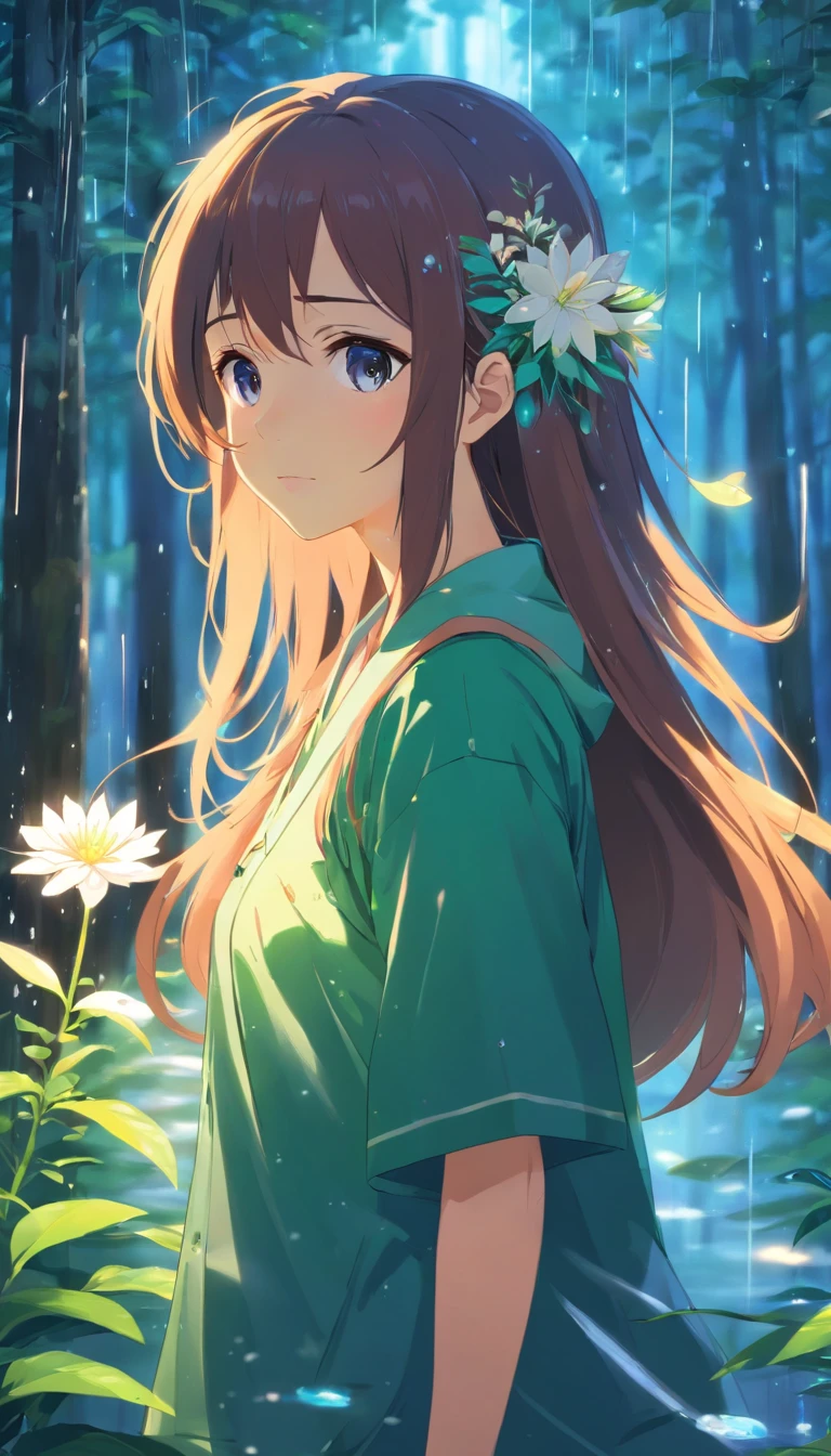 anime girl with long hair and flower in her hair, Beautiful anime artwork, style of anime4 K, Anime art wallpaper 4k,Rainy days,janelas,the woods,Rain drops