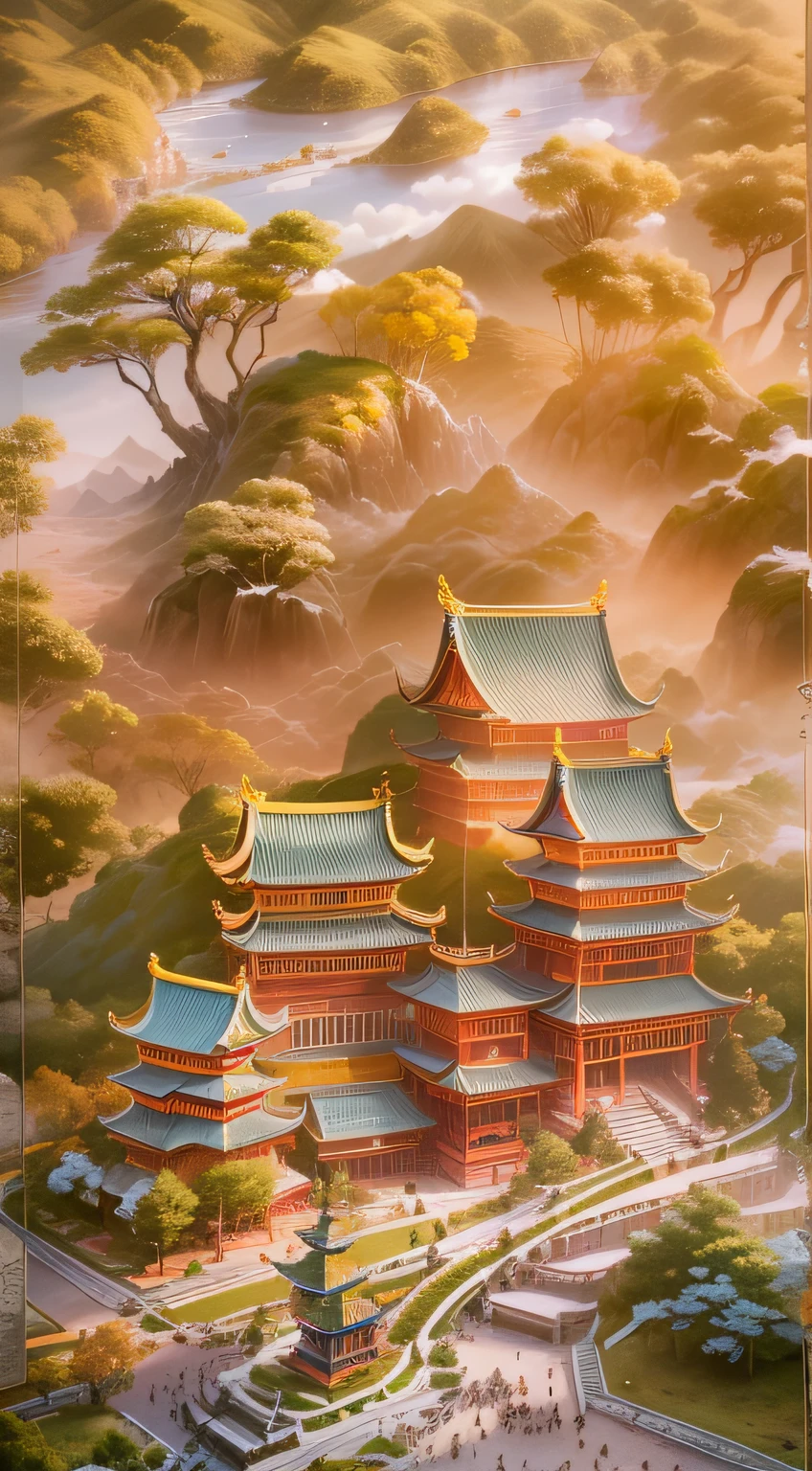 jade,Gilded mountains,(Paper carving:1.5),Tilt-Shift,(Cloud fog:1.3),viewed from bird's-eye,Soft lighting,Oriental elements,Dreamy,white colors,golden colored,Traditional Chinese color scheme,reasonable design,Clear lines,High sharpness,Best quality,Very detailed,Masterpiece,offcial art,movie light effect,4K