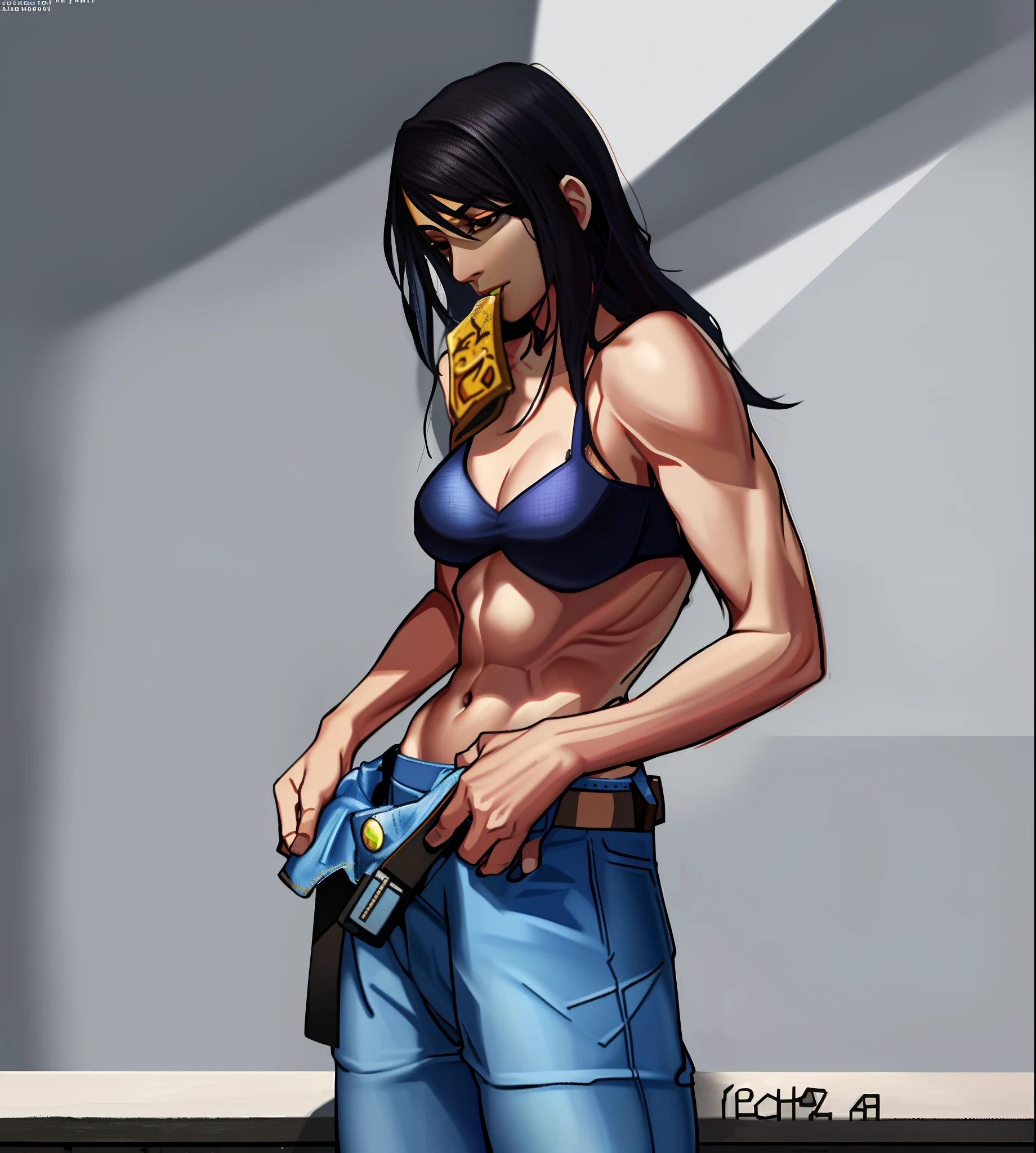 1girl, solo, (detailed background), (beautiful detailed face), highres, official art, (masterpiece, best quality, absurdres, highly detailed), (best illumination, best shadow), (anime, anime girl), mature, mature female, jeans, denim, bare shoulders, blue pants, crop top, blue bra, underwear, brown belt, long hair, black hair, black eyes, looking down, stomach, nice belly, covered navel, muscular, muscular female, nice belly, deep navel, ribs, foot out of frame, mouth hold, mouth holding pocket, standing, indoors, windows, cityscape