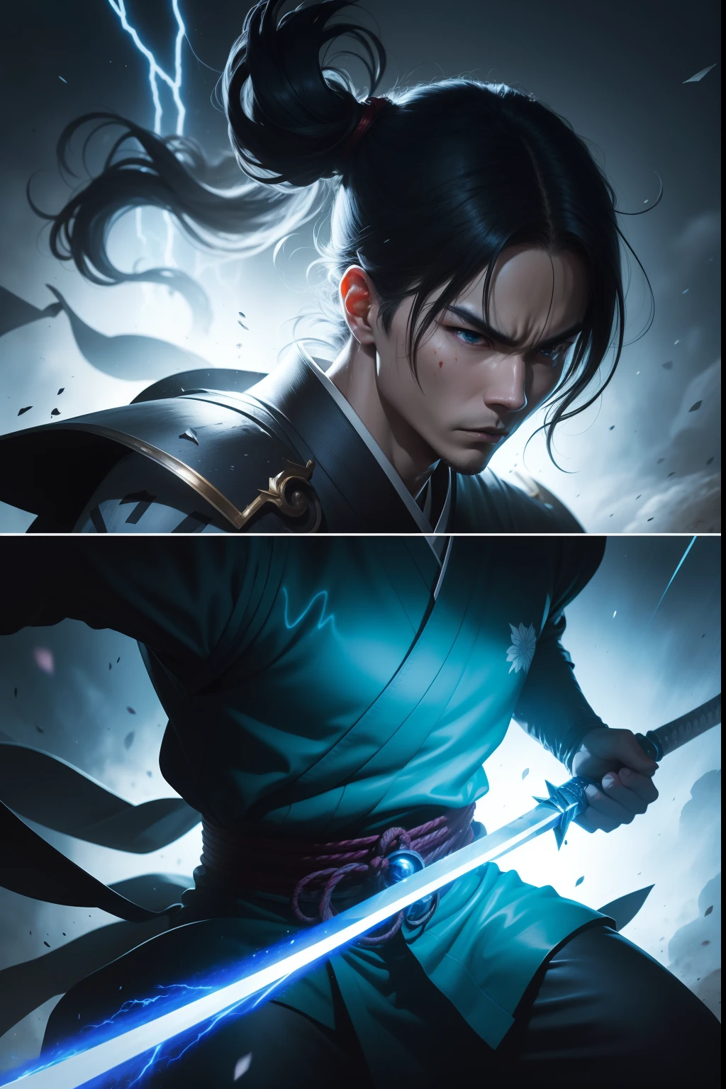 (Third Person View)comic page,There are multiple panels on a page:Japan manga version, Jump Magazine, Bloody martial arts comics。The character's face is clear, Hands are normal, One hand holds a sharp long knife, Combat posture,。{Track bursts}::Dynamic detail is rich, Clear boundaries, The light becomes lifelike, ,storming,Lightning arc,Magic Array,Explosive particles,Strong visual impact. --niji 5 --q 2 ---16K
