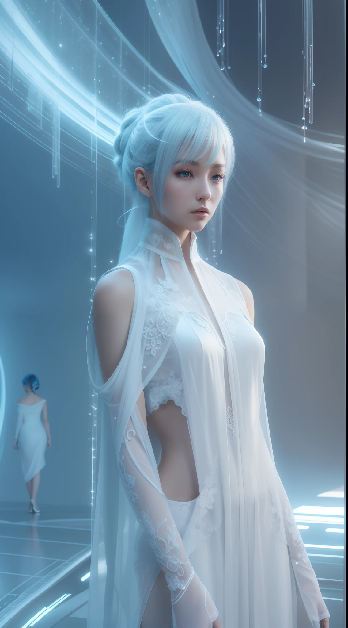 One in a white dress，Refined face，Full body photo，Faraway view，Close-up of blue-haired woman, Translucent dress, futuristic and ethereal, pale robe, smooth 3d cg render, white polygonal dress, inspired by Russell Dongjun Lu, unreal engine rendered + A goddess, intricate white dress, by Russell Dongjun Lu,, futuristic fashion, clear curvy details