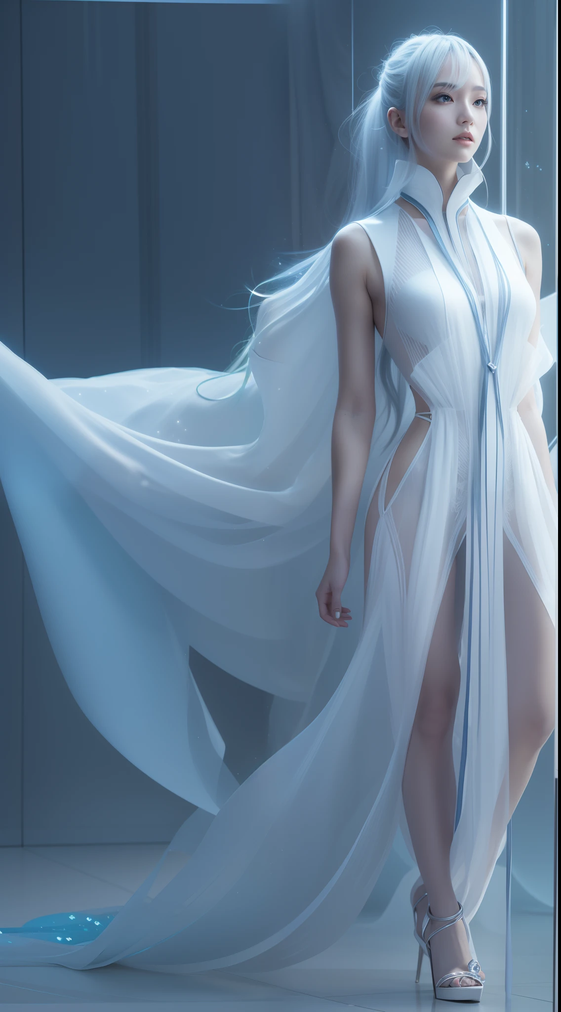 One in a white dress,Refined face,Full body photo,Faraway view,Close-up of blue-haired woman, Translucent dress, futuristic and ethereal, pale robe, smooth 3d cg render, white polygonal dress, inspired by Russell Dongjun Lu, unreal engine rendered + A goddess, intricate white dress, by Russell Dongjun Lu,, futuristic fashion, clear curvy details