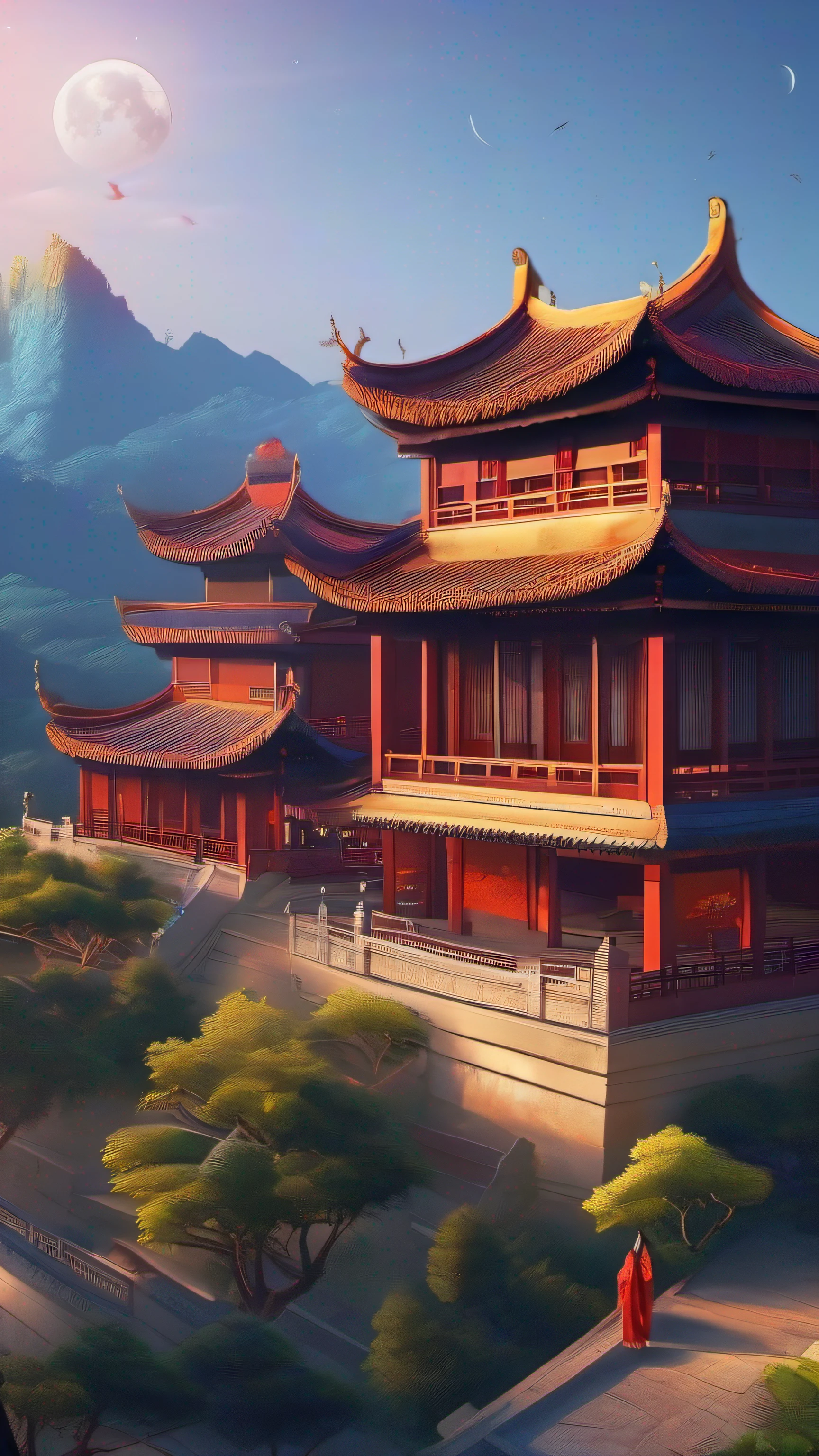 the night ，themoon ，game scenes，Ancient Chinese palaces are located above the clouds, opera，full bodyesbian，Silk Road，Auspicious clouds，China-style，camelstoe，The colors are bright and rich