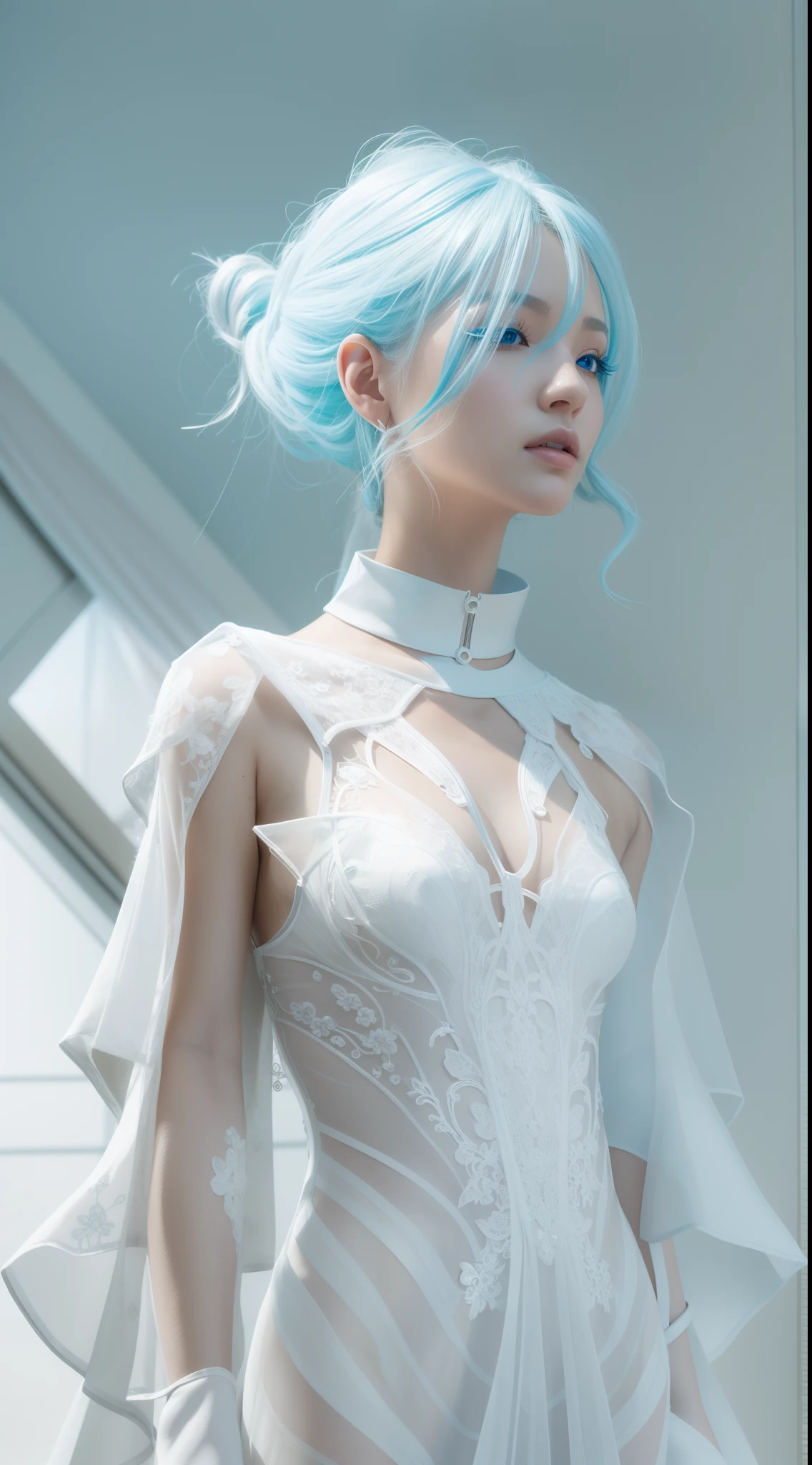 One in a white dress,Refined face,Full body photo,Faraway view,Close-up of blue-haired woman, Translucent dress, futuristic and ethereal, pale robe, smooth 3d cg render, white polygonal dress, inspired by Russell Dongjun Lu, unreal engine rendered + A goddess, intricate white dress, by Russell Dongjun Lu,, futuristic fashion, clear curvy details