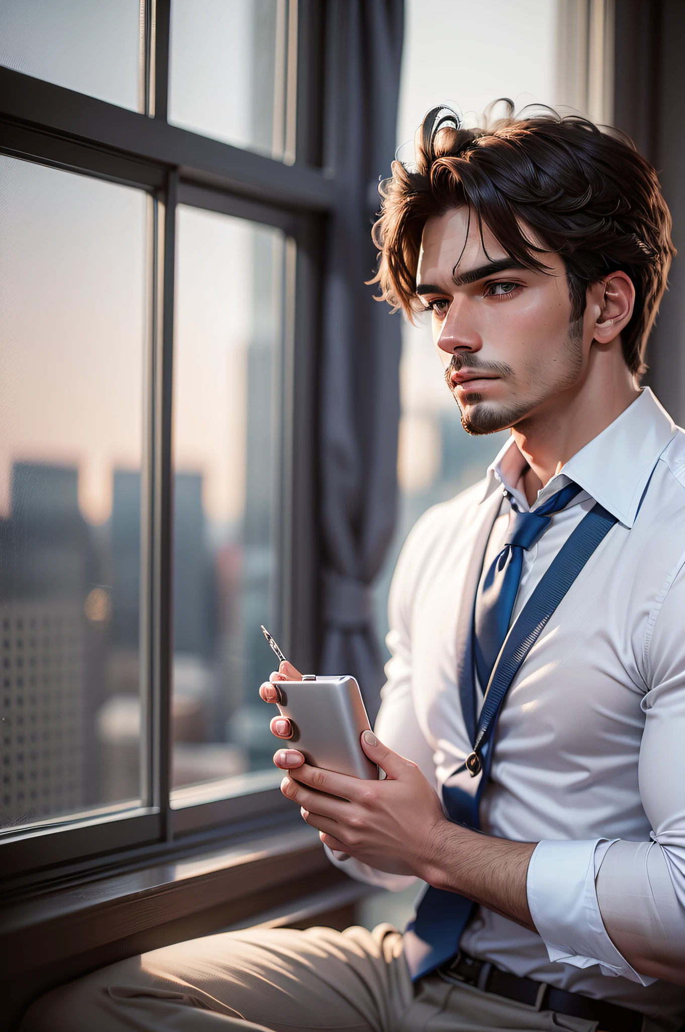 a handsome man sitting in the office, crew cut, business suit, Windows, Cityscape, corpo inteiro, macho maduro, melhor qualidade, 50mm f/2.8, fotografia e revista GQ, Trending on Flickr Masterpiece, extremely high-resolution, melhor qualidade,, Realistic, Realistic photo, foto do filme, ultra realistic, 1 pessoa, circunstanciado, perfect lighting, DSRL, foto profissional, 4k, blue lighting, triste, desanimado