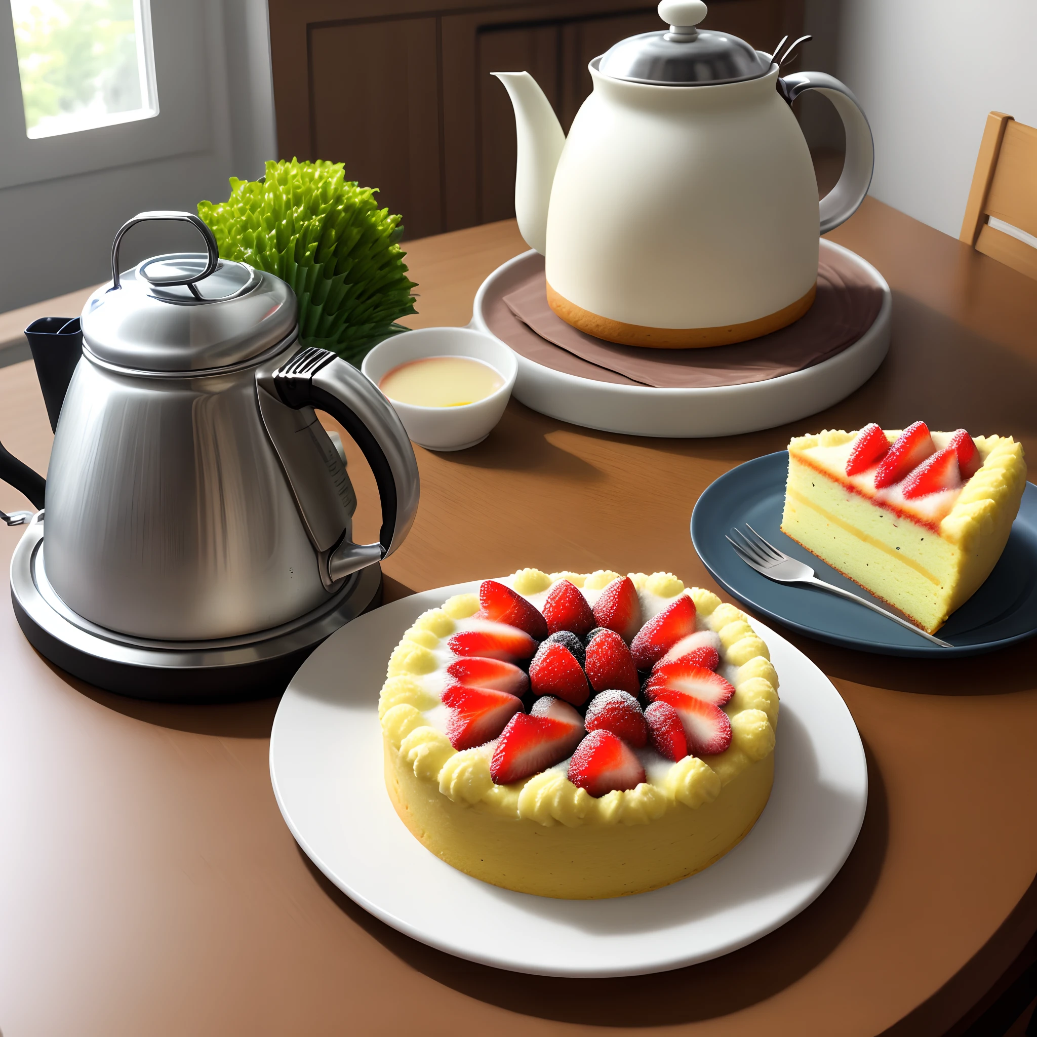 There was a cake on the table on the plate，There are also various cakes。A kettle filled with water and a breakfast drink