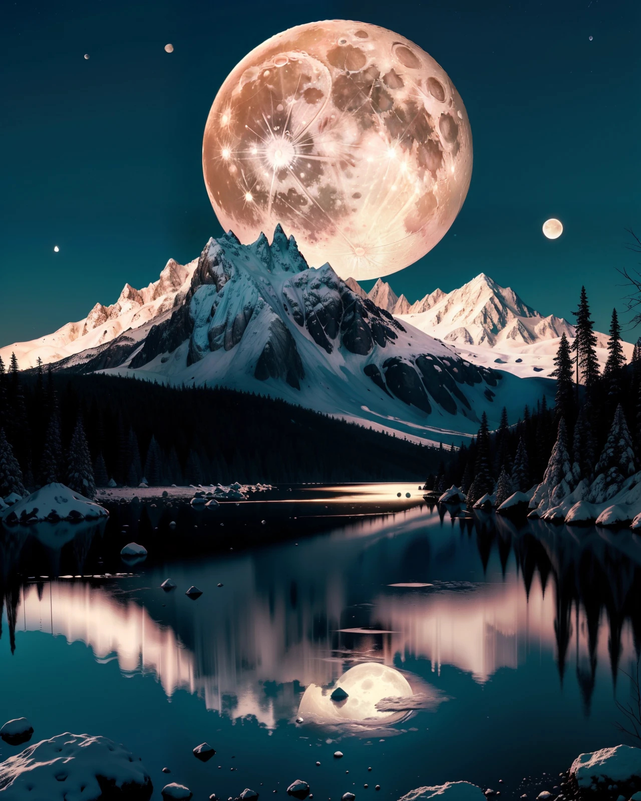 a large full moon rising and melting over a mountain with trees next to it, o ((lua cheia derretendo)) surrealismo, A Lua derretendo na Terra, a lua a terra, Lua atingindo a Terra e derretendo, Super Lua derretendo, Arte Digital, 8k,
