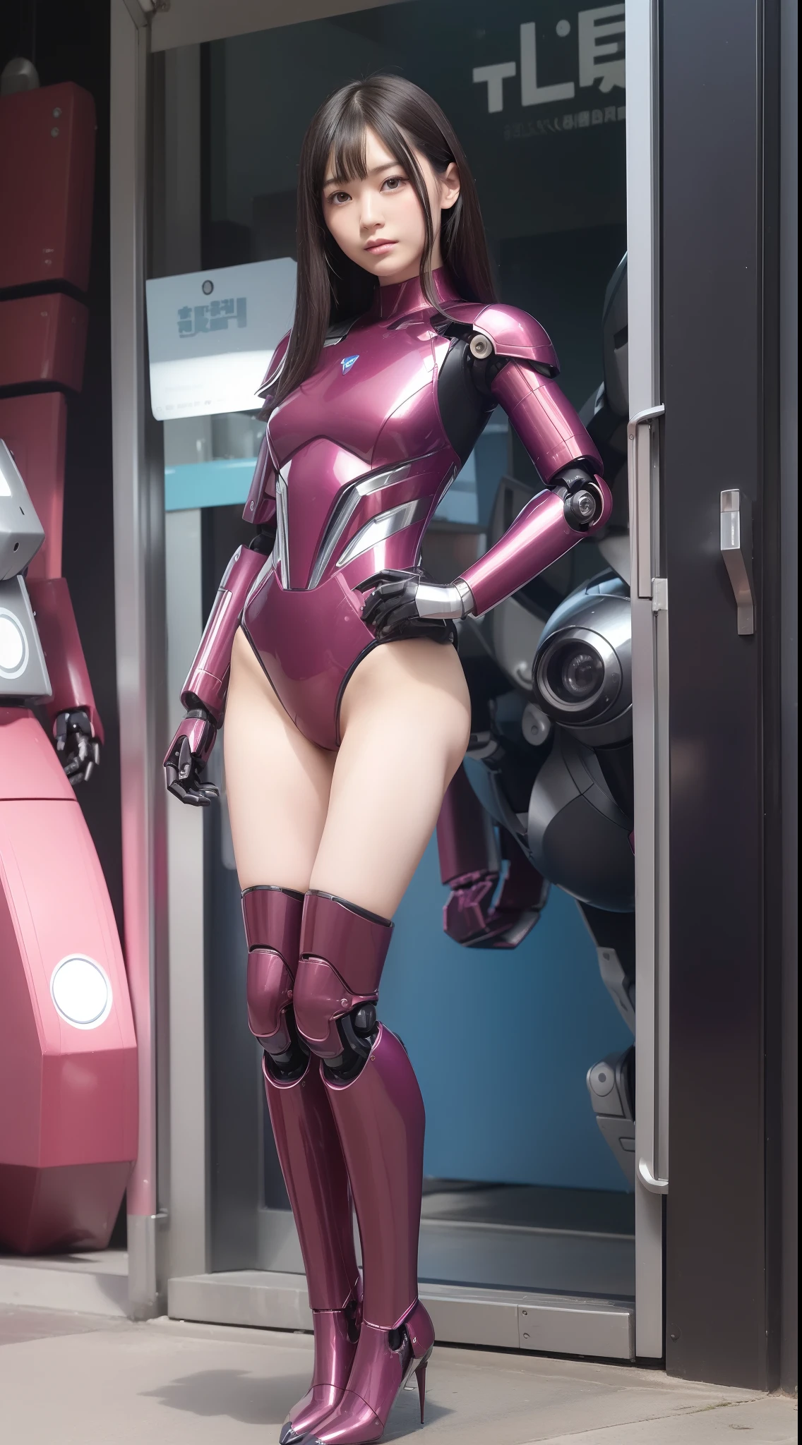 (Photorealsitic:1.4)、One girl、(top-quality)、(hyperdetailed face)、(Super well-formed face)、((Robot Parts))、(female robot)、(25-years old)、(Blue)、(pink there)、(Burgundy)、(metallic)、(full-body)、(sexy pose)、(Slender body)、(Model body type)、(full body mech)、(mechanical exposure)、(Akihabara)、(is looking at the camera)、(A dark-haired)、(Well-proportioned woman)、(a small face)、(Idol)、(front facing)、(Standing with legs open)、(Hands on hips)、(Photo session)、(Looks sad)、(The Perfect Female Robot)