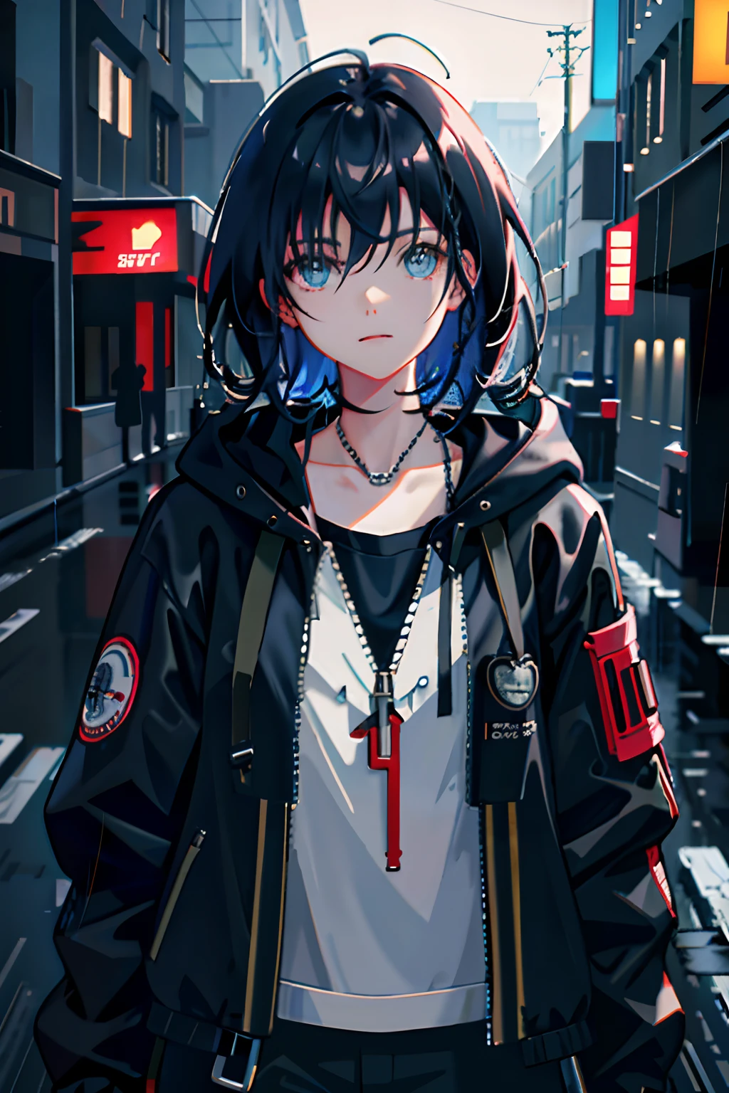 1girl, jacket, rain, outdoor, hoodie, open jacket, chain, backpack, looking at another, messy hair, trending on artstation, 8k resolution, highly detailed, anatomically correct, sharp image, digital painting, concept art, trending on pixiv, style of makoto shinkai,