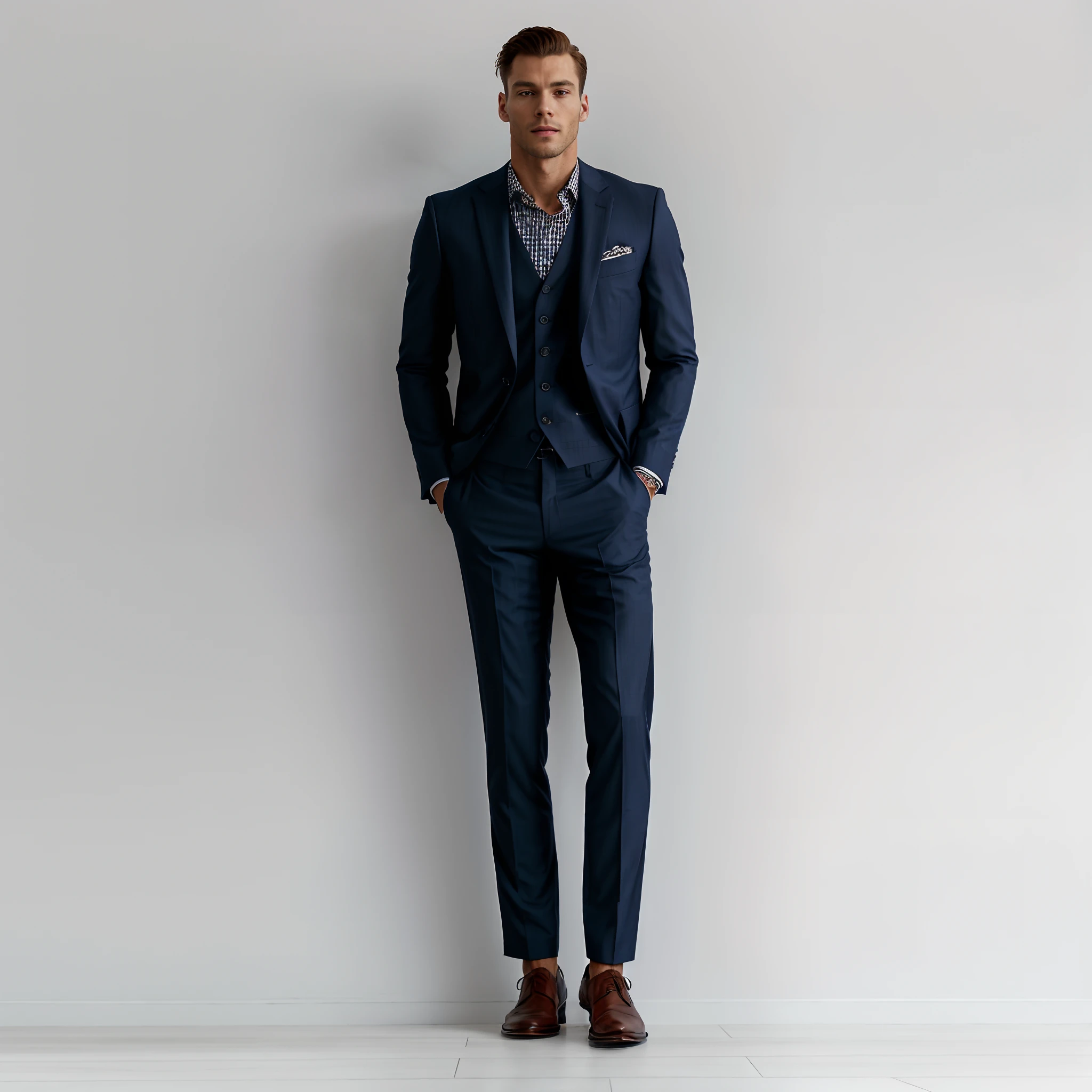 An alphad man in a suit stands against a wall, Handsome male,wearing a stylish men's suit, 3-piece-suit, wearing fashion suit, Elegant suit, wearing a dark blue suit, 3-piece-suit, stylish suit, wear suit, wear suit, dressed in a suit, formal suits, dressed in a suit, intricate suit, dressed in a suit