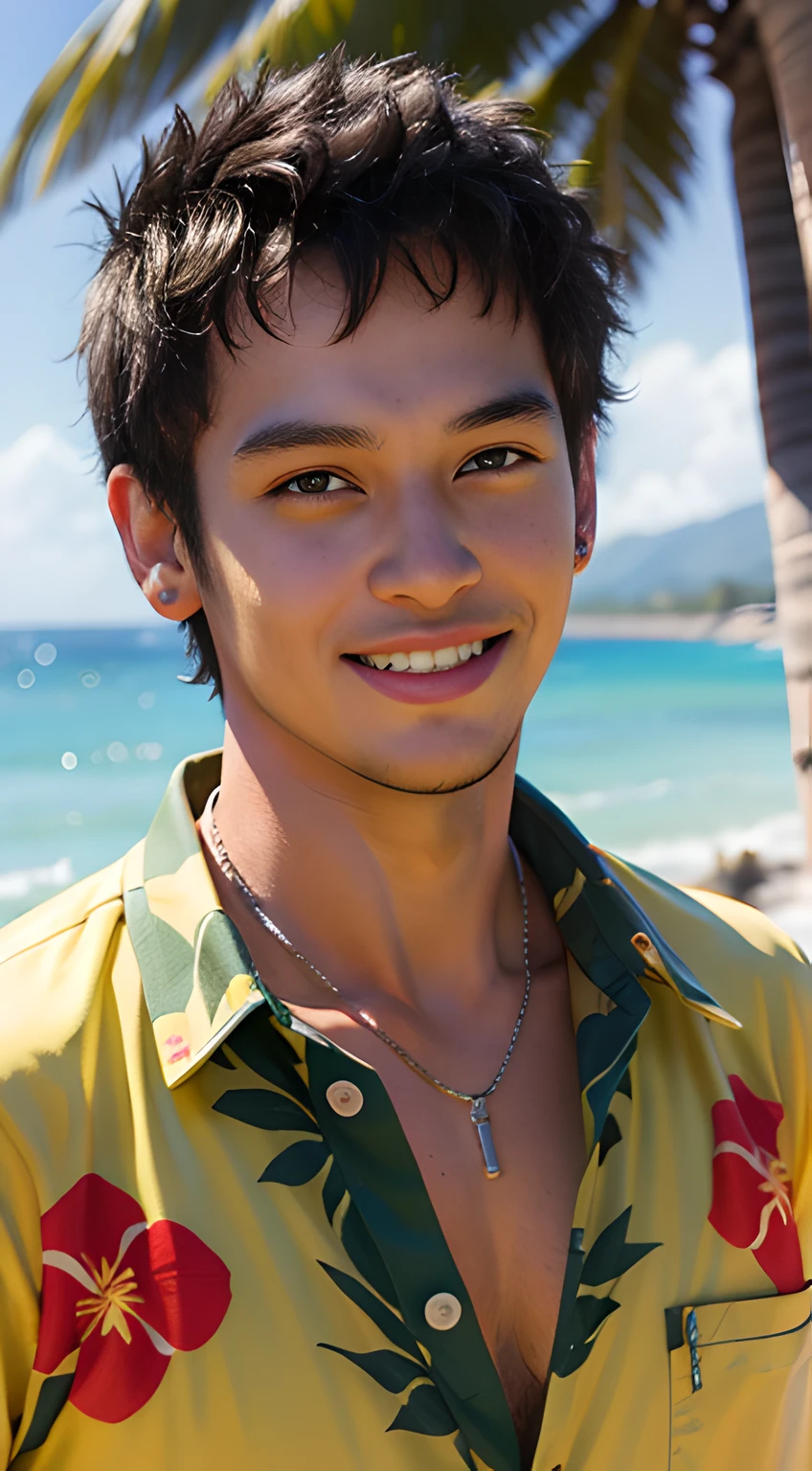 ((Men only)), (head shot), (look straight ahead), (pale skin), (black straight hair), ((wearing a yellow & black Hawaiian aloha shirt)), (in waikiki beach), (Diamond Head in the background), ((Neymar)), (hawaiian Handsome muscle man in his 10s), (big Smile), (The trees have turned red), (detaile: 1 in 1), Natural muscles, HIG quality, beautidful eyes, (Detailed face and eyes), (Face、: 1 / 2), Noise, Real Photographics、... ...................................................................................................................PSD, Sharp Focus, High resolution 8K, realisitic & Professional Photography, 8K UHD, Soft lighting, High quality, Film grain, FujifilmXT3