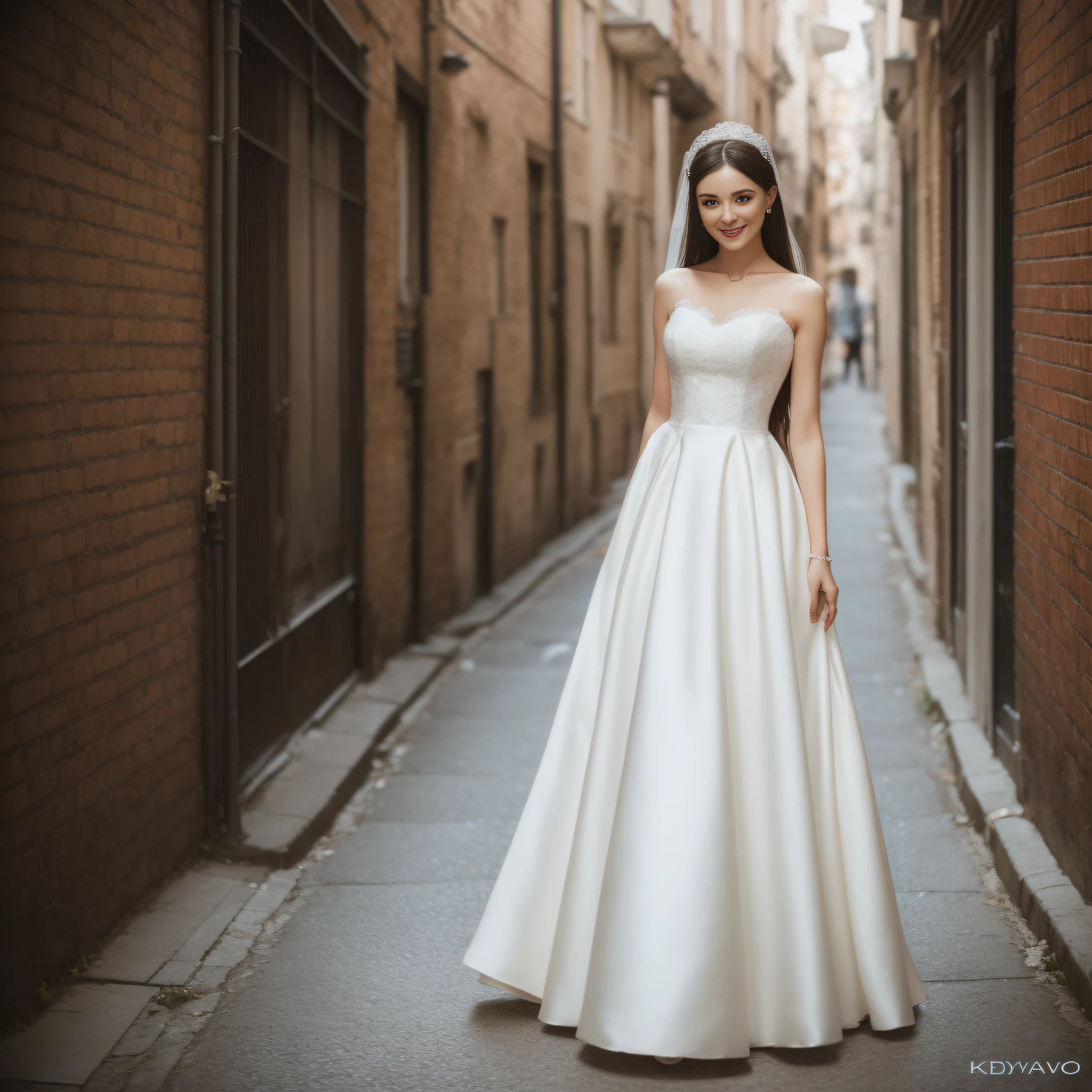 Superb rendering, A meticulous and perfect face, cheerfulness, Wearing a white silk wedding dress, Paisley pattern, cell-shaded, 4K face resolution, diffuselighting, illusory engine, Global illumination, Stand in an alley with art background, k hd, wide - angle shot, Full body shot, wedding photography, Razumov Konstantin, vladimir volegov.