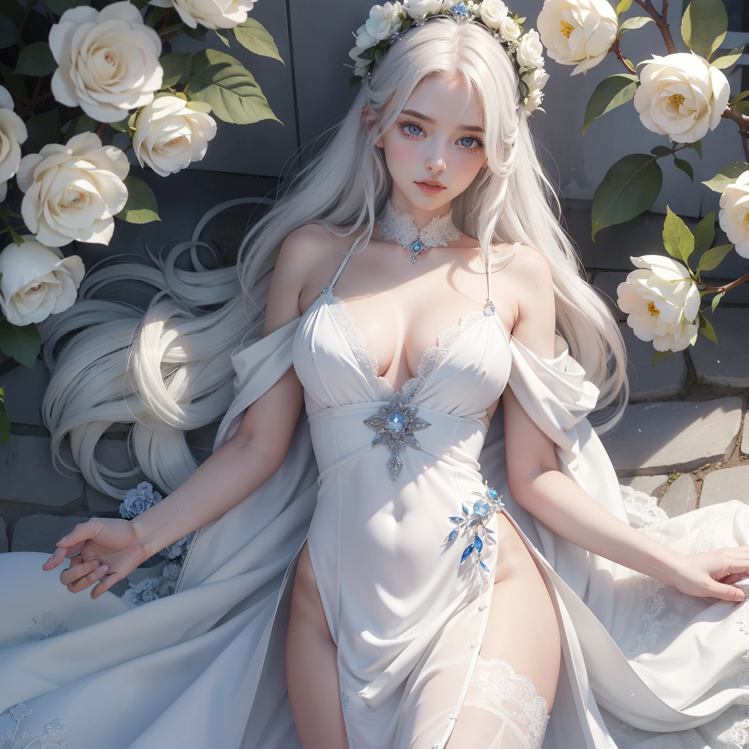 White goddess blue eyes in human shape、beautiful body of a flower of a very attractive age with white pubic hair,,,,Wearing a white dress,