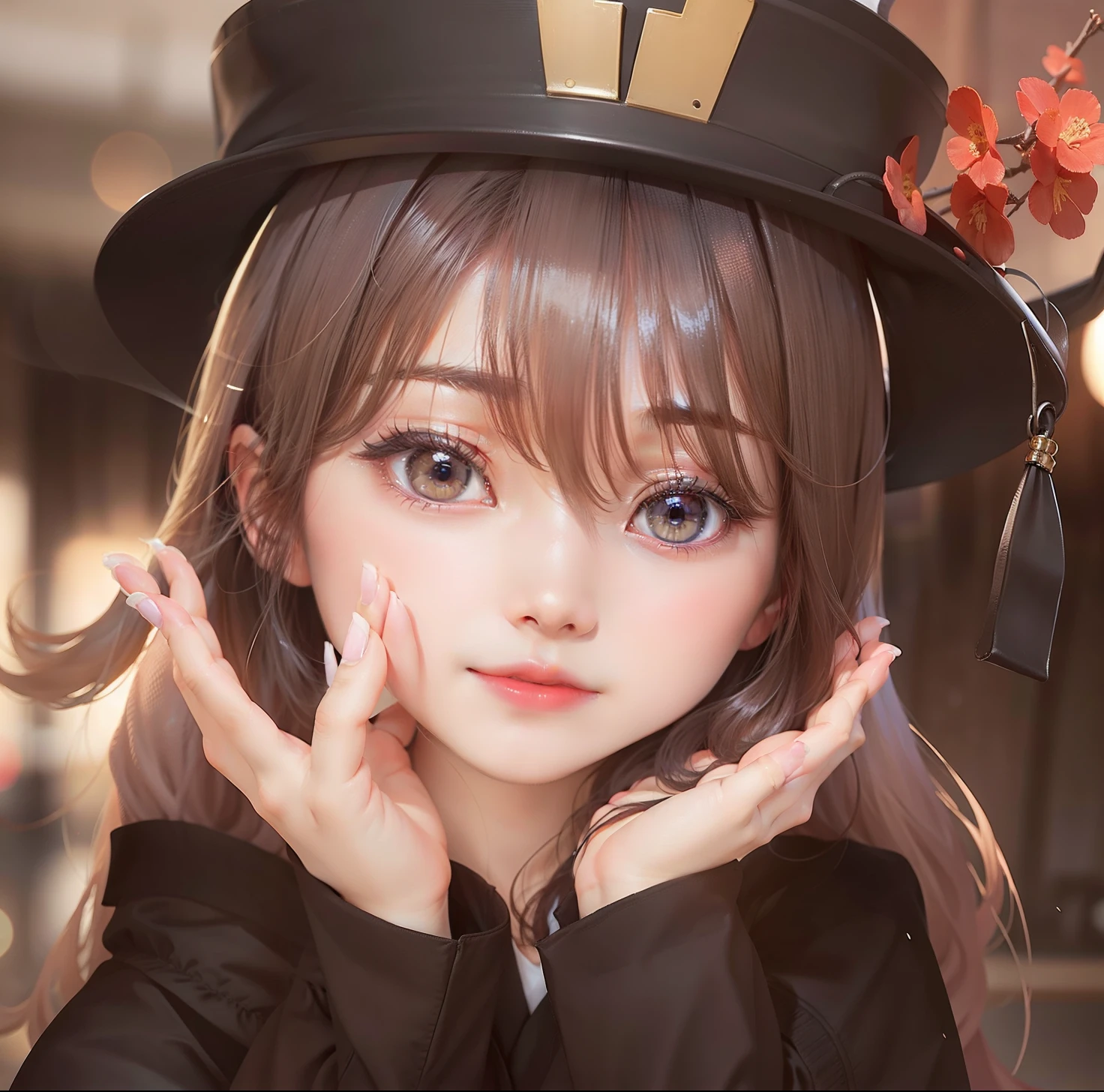 1girl,hu Tao,hand to face,super realistic