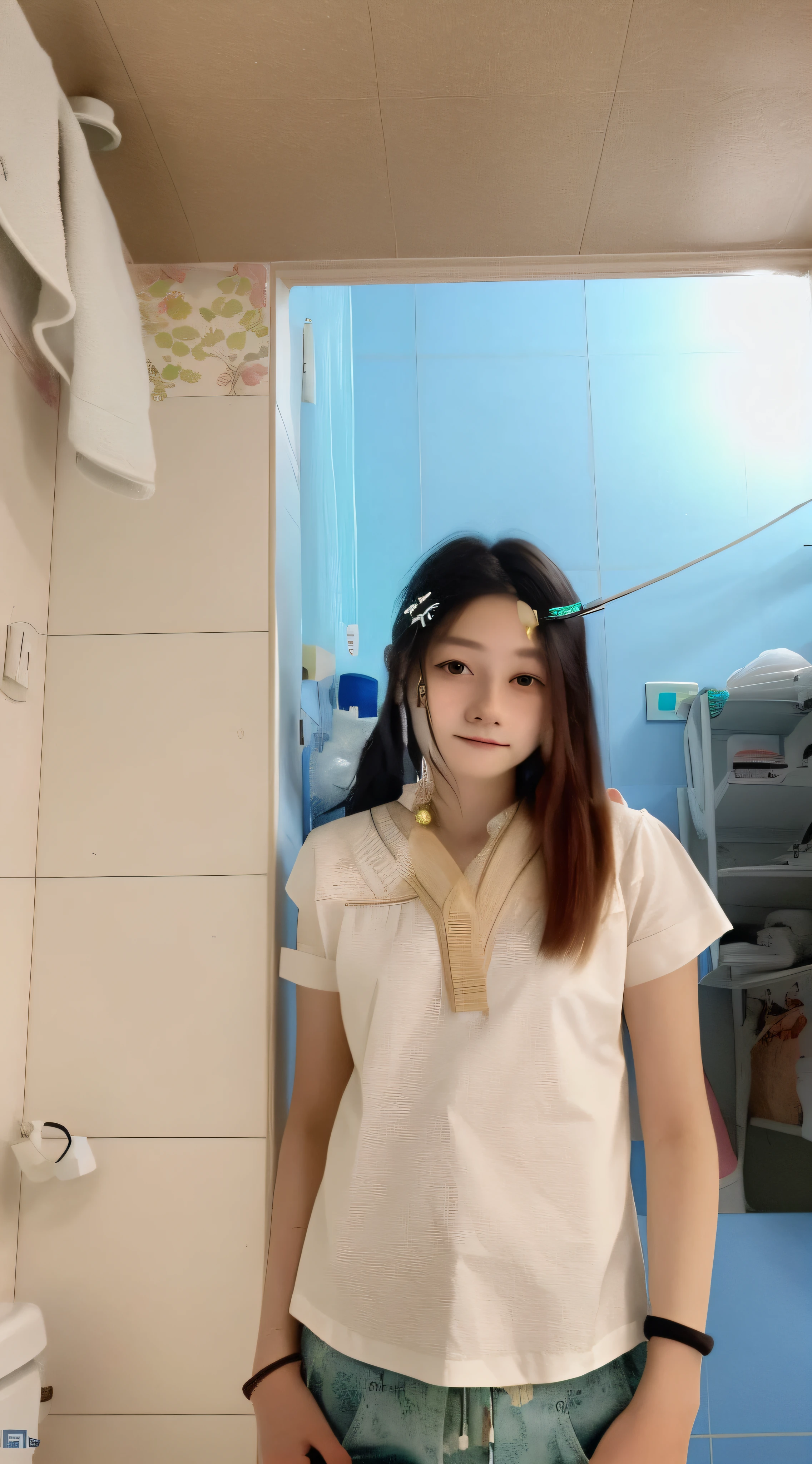 There was a woman standing in the bathroom,Hairpins are inserted in the hair, she is about 1 6 years old, With long hair, very very low quality, very very low quality picture, with short hair, very low quality, low quality video, xintong chen, 19-year-old girl, 8k selfie photograph, 🤤 girl portrait