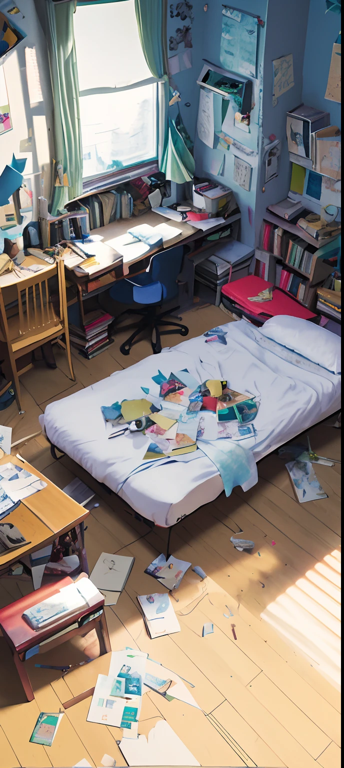 There was a messy room,There was a bed and a table, bedroom in studio ghibli, studio glibly makoto shinkai, greg rutkowski makoto shinkai, Messy room, books messy about the room, Makoto Shinkai's style, your name movie style, chaotic age bedroom, Messy bedroom, personal room background, messy bed
