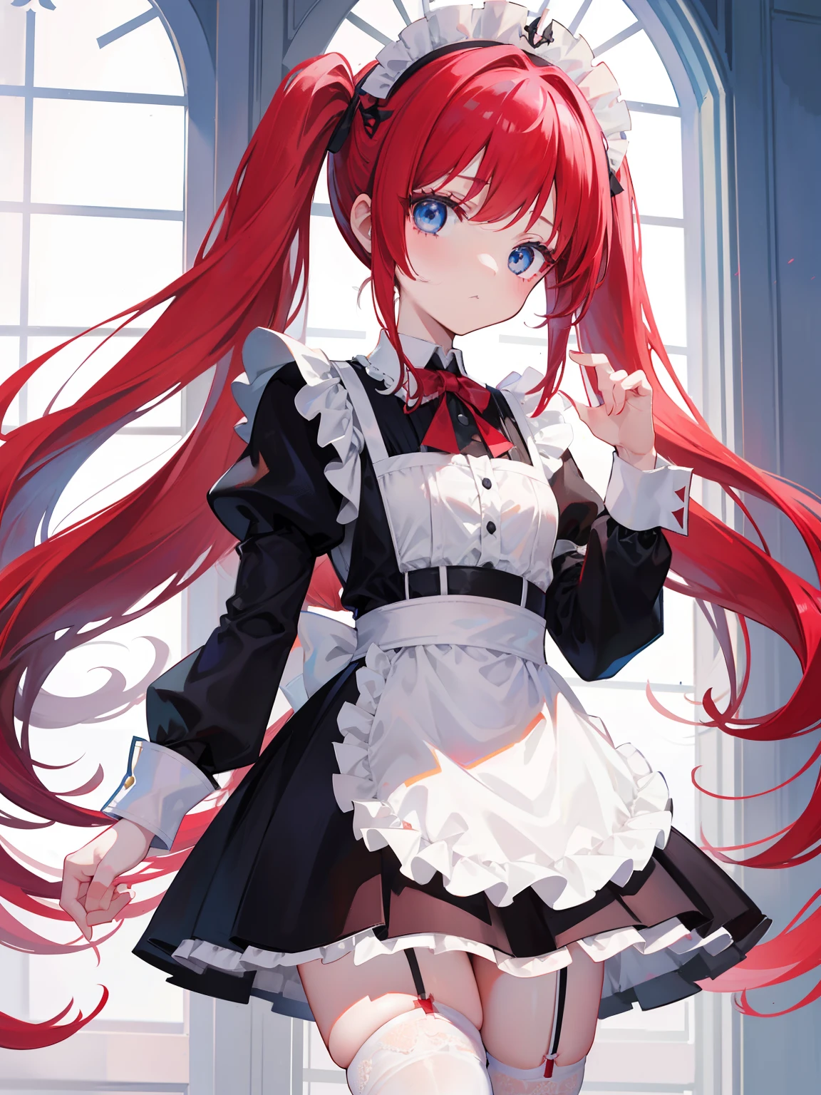 red hair,blue eyes,twintails,maid, long hair, long sleeves, gothic, solo, loli,Short skirt, white stockings,{{best quality}}, {{masterpiece}}, {{ultra-detailed}}, {illustration}, {detailed light}, {an extremely delicate and beautiful},little girl,cute,