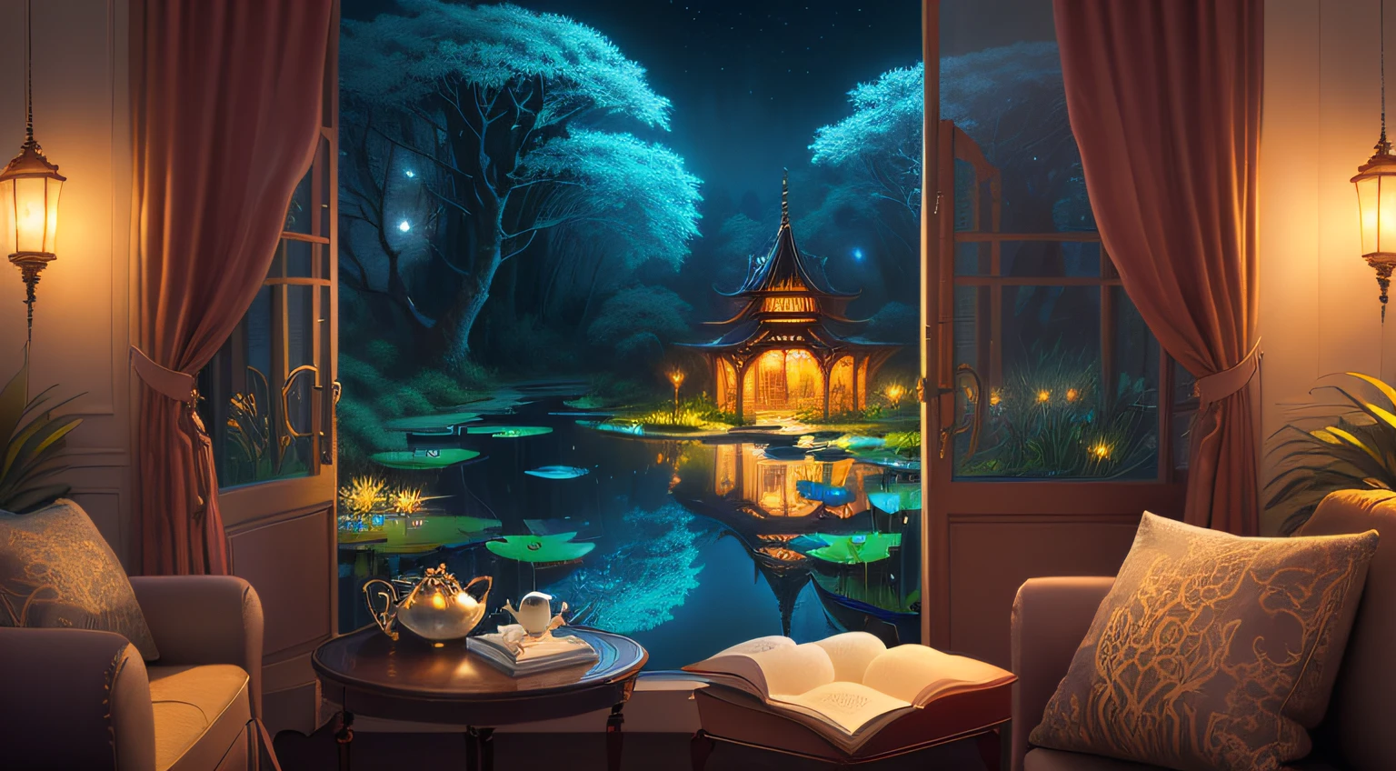 (tmasterpiece, Best quality at best), Complex details, Intense colors,The mysterious lotus lake outside the window,The fairy sits on the sofa,Surrounded by fascinating creatures and vibrant vegetation, It shows the fusion of reality and fantasy，downy, Sparkling lights that illuminate the tranquil landscape. Delicate and powerful