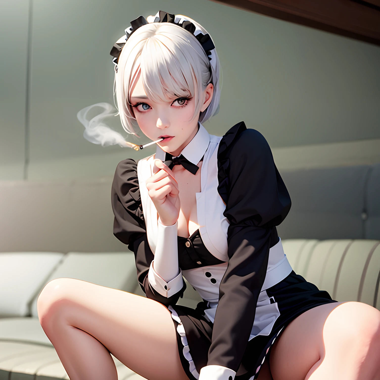 White-haired maid smoking a cigarette,white backgrounid,White eyes,The picture is colorful