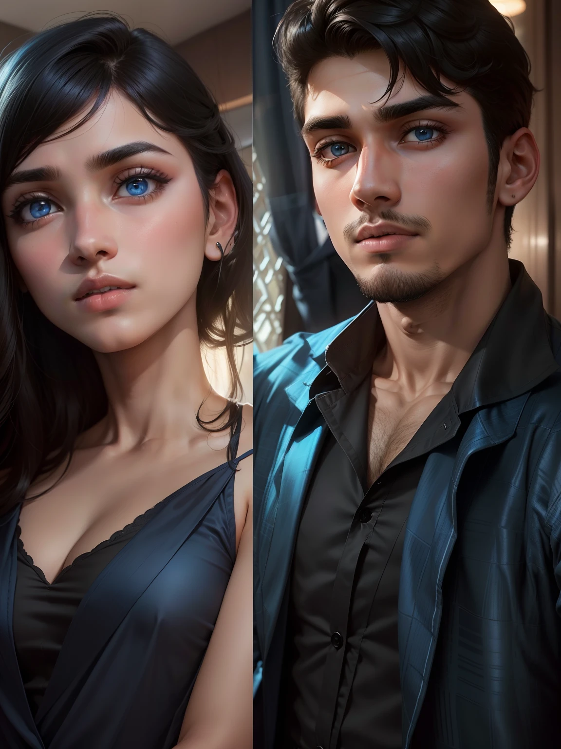 A handsome boy, 20 years old, big eyes, square face, short black hair, muscular, wearing a blue suit and shirt, and a beautiful girl, 19 year old, black eyes, round face, wearing a blue saree with a skinny body