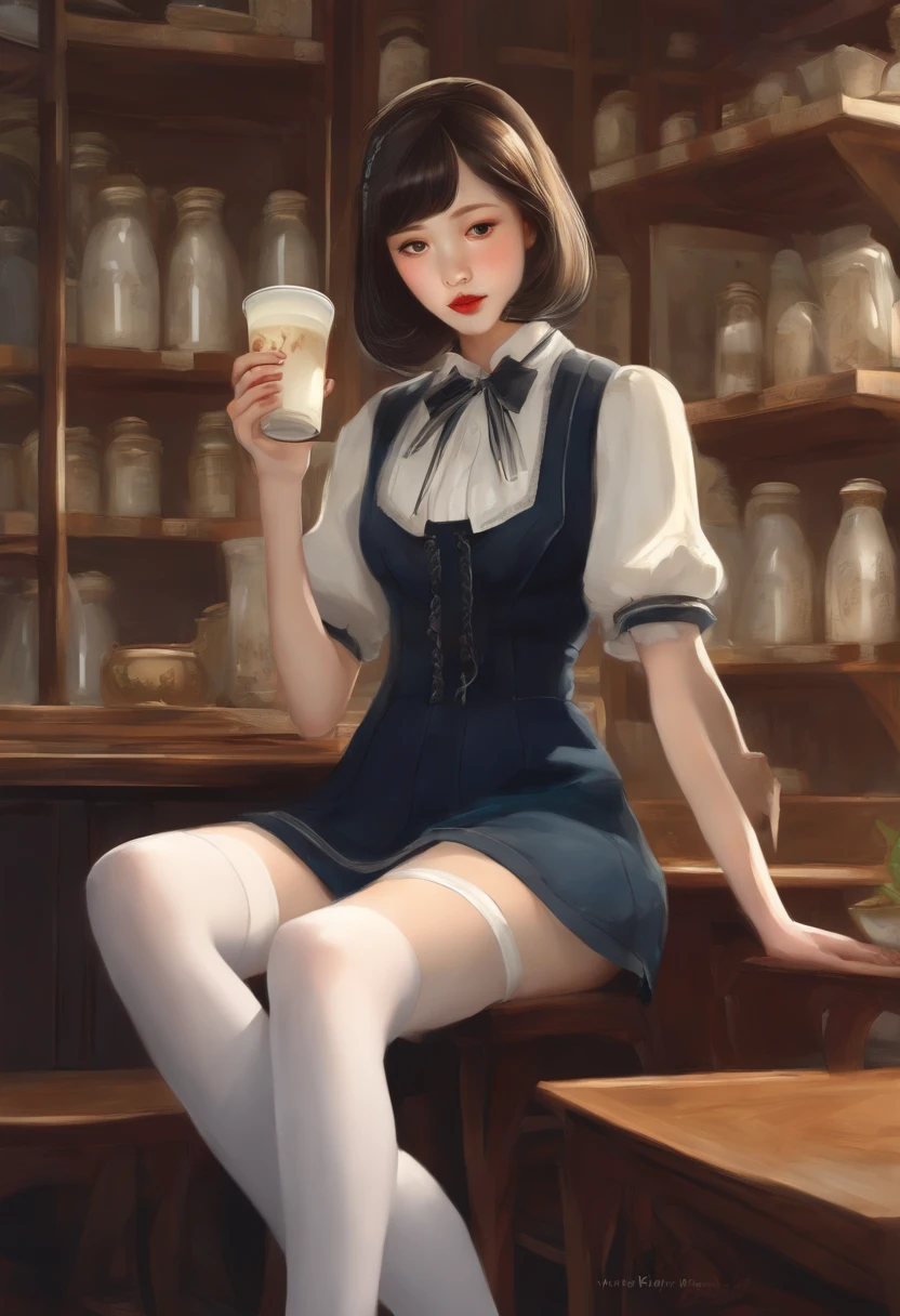 A beautiful female student is drinking milk tea, white stockings, school uniform, slender long legs, lovely. Extreme wide portrait , Full body height portrait, Charles Vess , Catherine Nolin , Grayson Perry , Atey Ghailan --niji 5 --ar 5:6 --fast