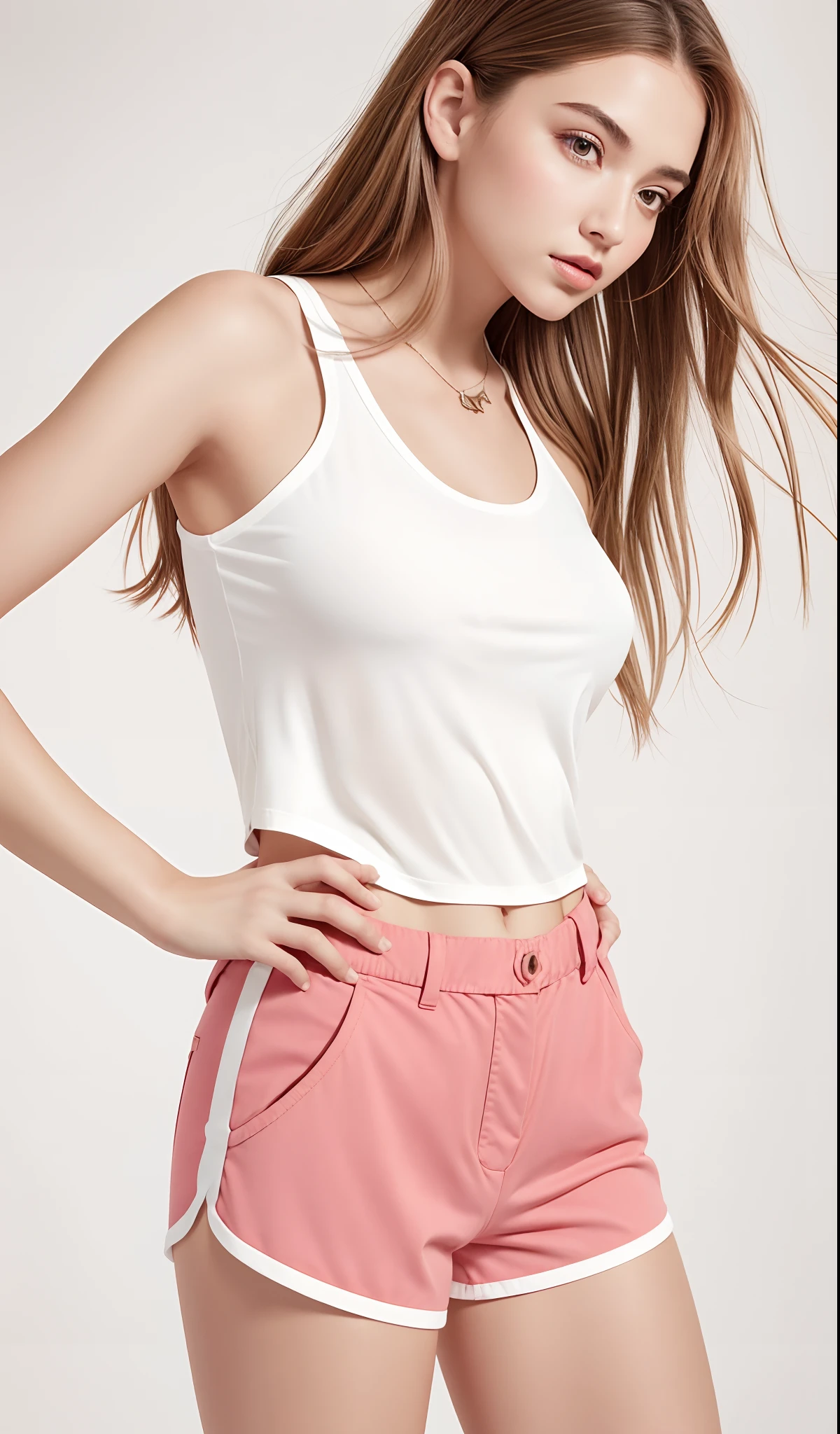 um close up de uma mulher com uma regata branca e shorts rosa, Tampo branco do tanque, vestindo regata e bermuda, usando um top cropped sexy, usando uma regata cropped preta, camiseta longa branca, usando uma regata preta cropped, topo de corte, Tampo do tanque apertado, midriff nu, vestindo camisola e shorts, fotografia realista, fotografia, obra-prima, realista, Realismo, renderizado, Alto contraste, Arte Digital, fotográficorealista, trend in Artstation 8k HD, high definiton, circunstanciado, Realistic, detalhada, textura da pele, hiperdetalhada, Textura realista da pele, melhor qualidade, ultra high-resolution, (fotografia realista: 1.4), alta resolução, detalhada, fotografia crua, Crisp resolution, Nikon d850 filme, fotografia de stock 4, Kodak Portra 400 Camera F1 Lens.6, textura hiper realista, lighting dramatic, Unrealistic trend in Artstation Cinestill 800, RAW.