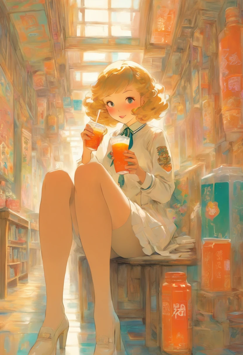 A beautiful female student is drinking milk tea, white stockings, school uniform, slender long legs, lovely. Extreme wide portrait , Full body height portrait, Charles Vess , Catherine Nolin , Grayson Perry , Atey Ghailan --niji 5 --ar 5:6 --fast