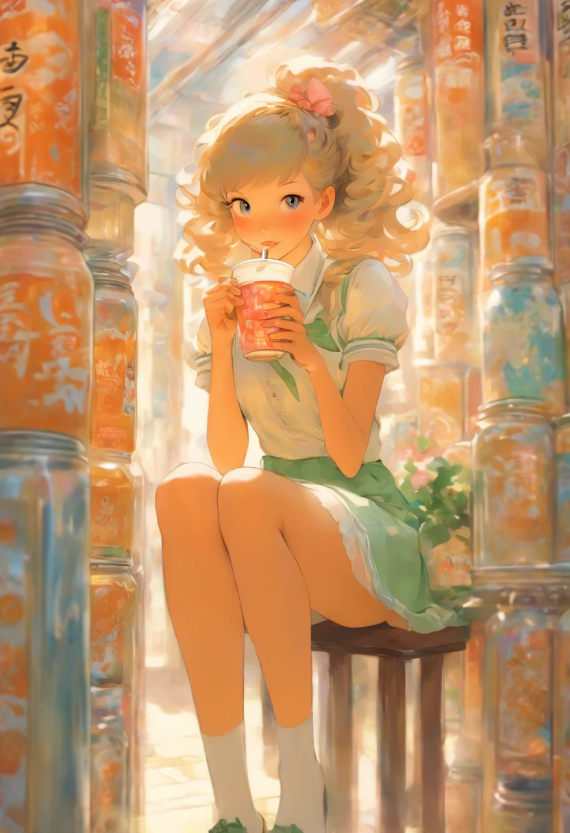 A beautiful female student is drinking milk tea, white stockings, school uniform, slender long legs, lovely. Extreme wide portrait , Full body height portrait, Charles Vess , Catherine Nolin , Grayson Perry , Atey Ghailan --niji 5 --ar 5:6 --fast