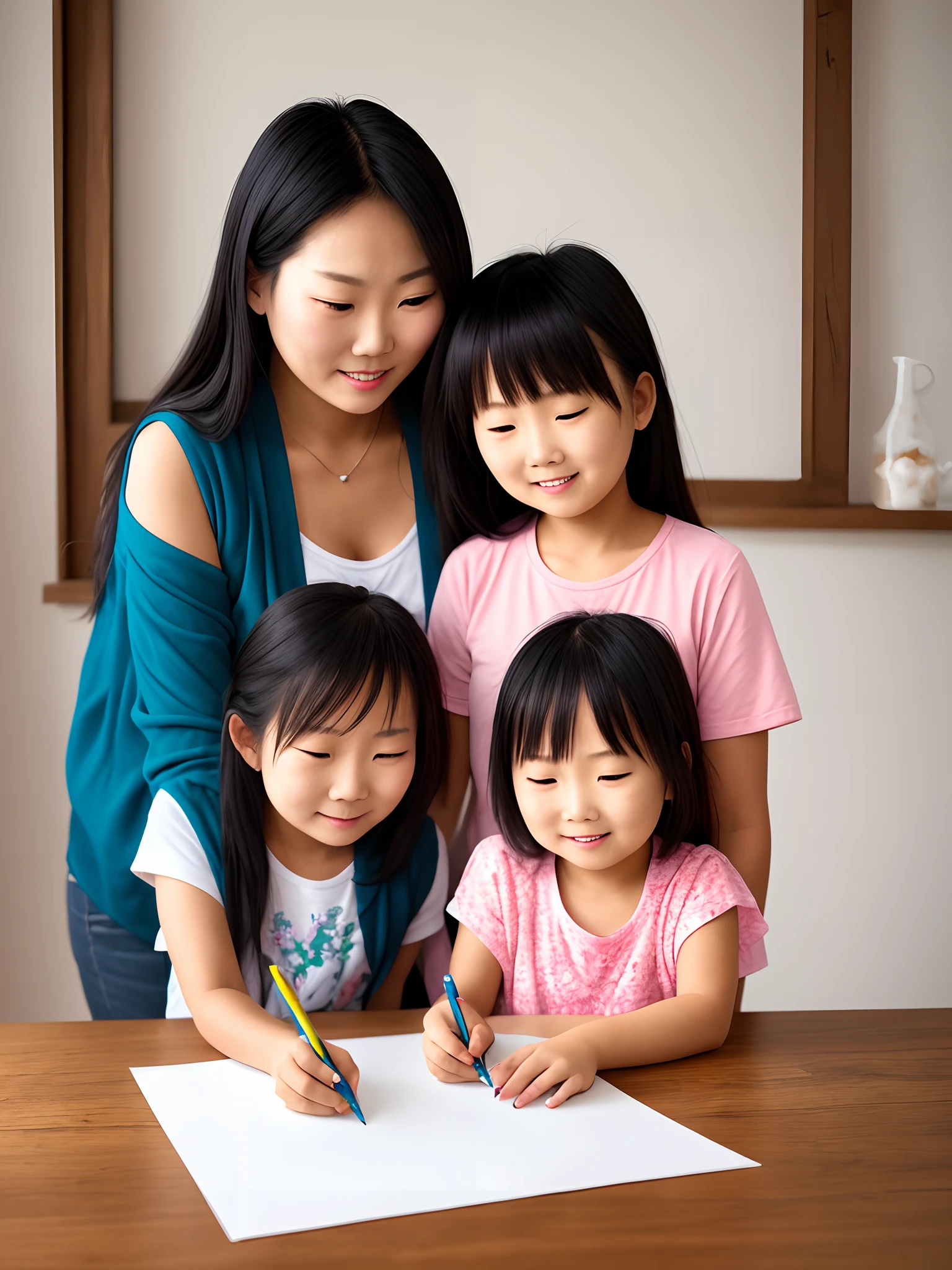 The image shows a mother and young daughter, com cabelos curtos e olhos brilhantes, Standing next to a wooden table. They're leaning over the table, holding several colored pens in your hands. The girl is smiling as she colors a picture on paper. the Asian chubby mother watches the child.